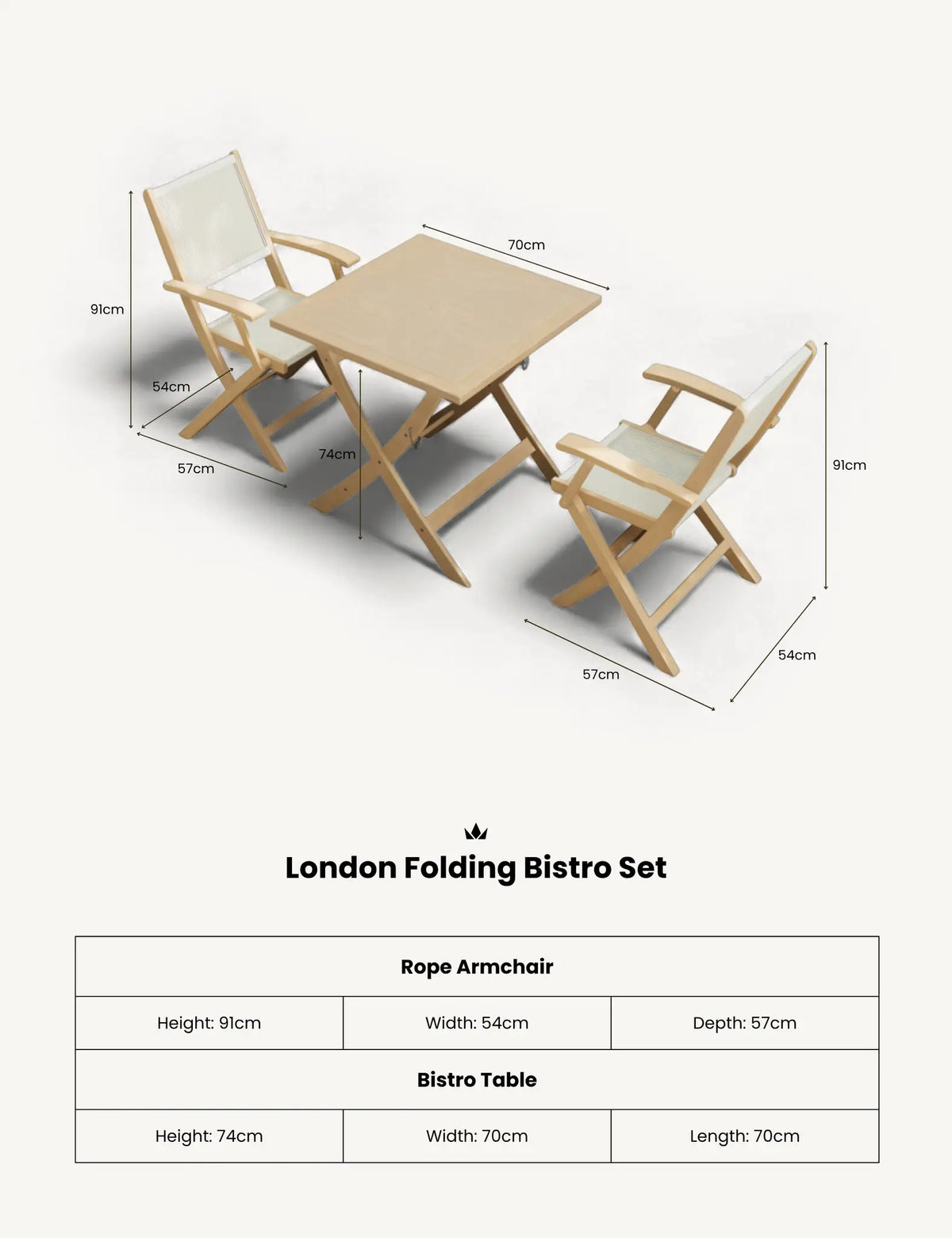 Royalcraft Outdoor Furniture London 2 Seater Square Folding Bistro Set with London Rope Folding Armchairs House of Isabella UK