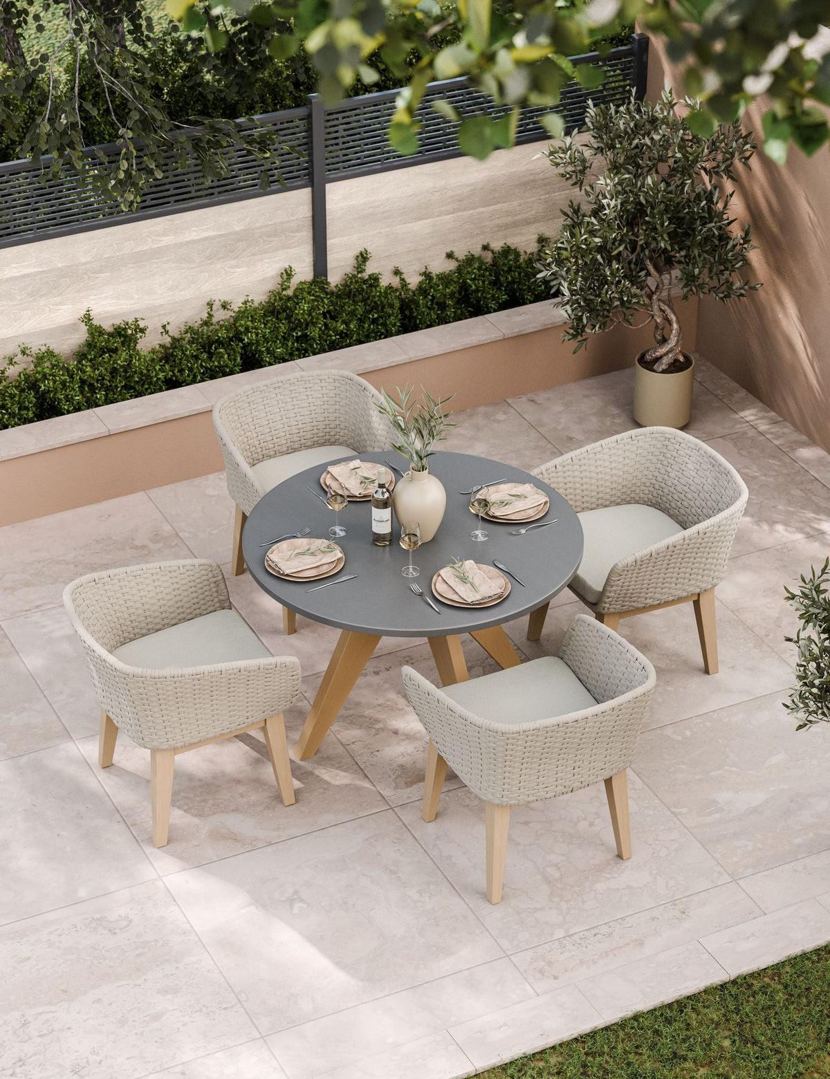 Royalcraft Outdoor Furniture Luna 4 Seater Round Concrete Dining Set with Eden Dusk Dining chairs House of Isabella UK