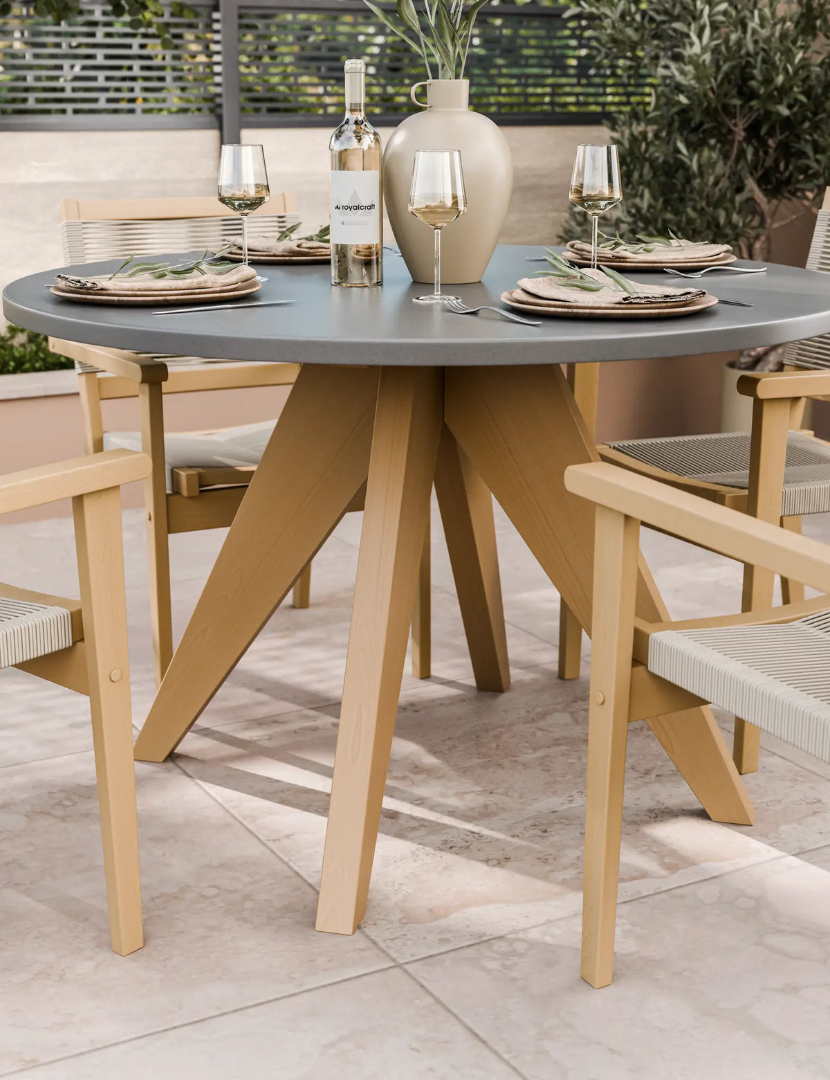 Royalcraft Outdoor Furniture Luna 4 Seater Round Concrete Dining Set with Roma Rope Stacking Chairs House of Isabella UK