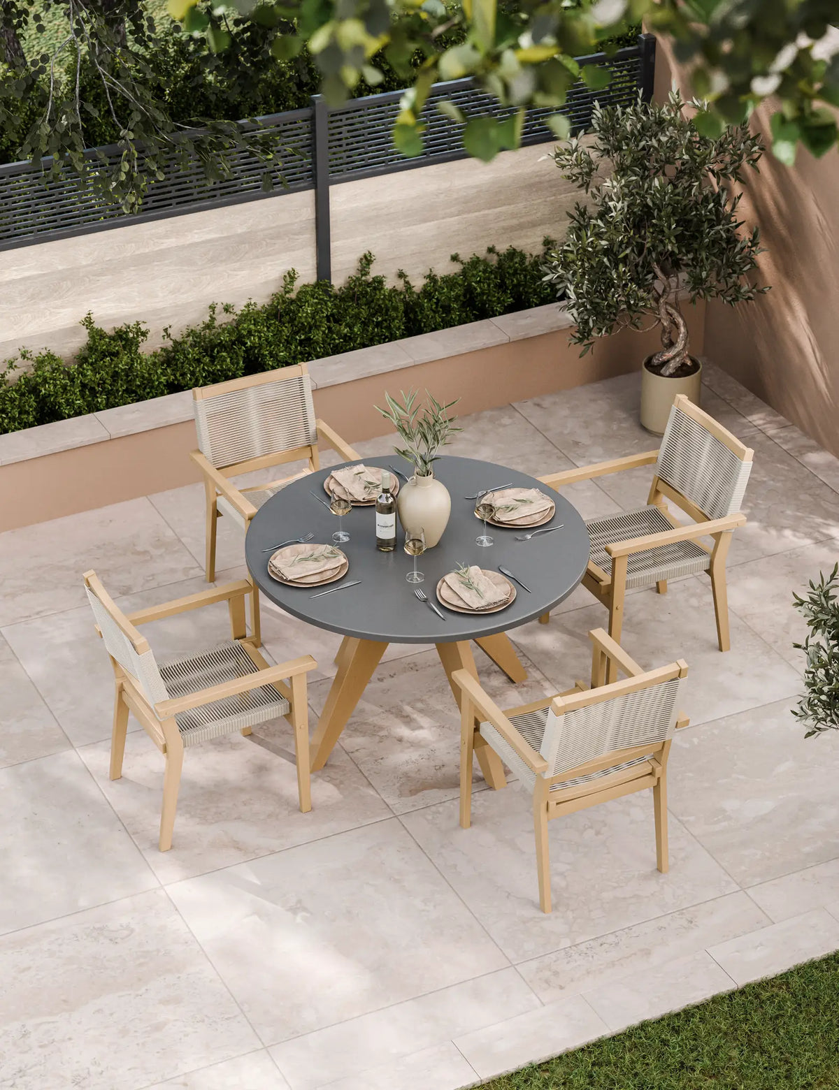 Royalcraft Outdoor Furniture Luna 4 Seater Round Concrete Dining Set with Roma Rope Stacking Chairs House of Isabella UK