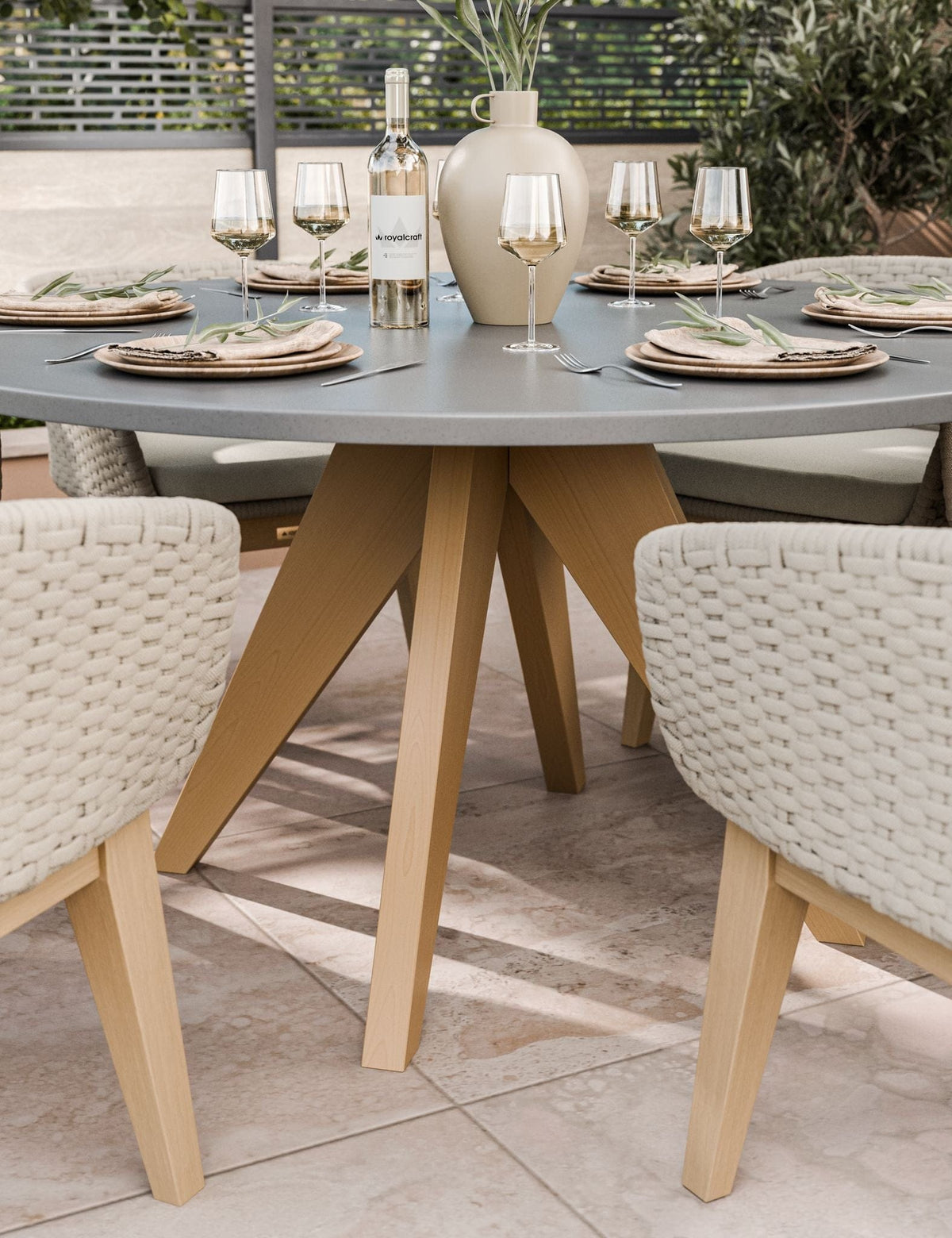 Royalcraft Outdoor Furniture Luna 6 Seater Round Concrete Dining Set with Eden Dusk Dining chairs House of Isabella UK
