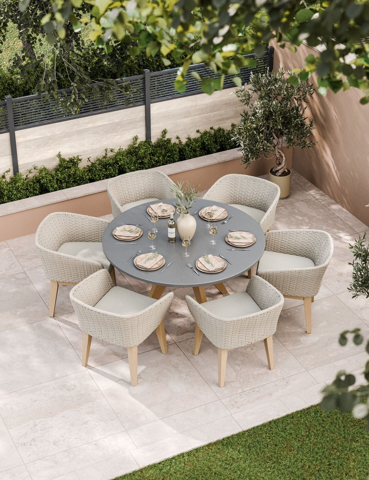Royalcraft Outdoor Furniture Luna 6 Seater Round Concrete Dining Set with Eden Dusk Dining chairs House of Isabella UK