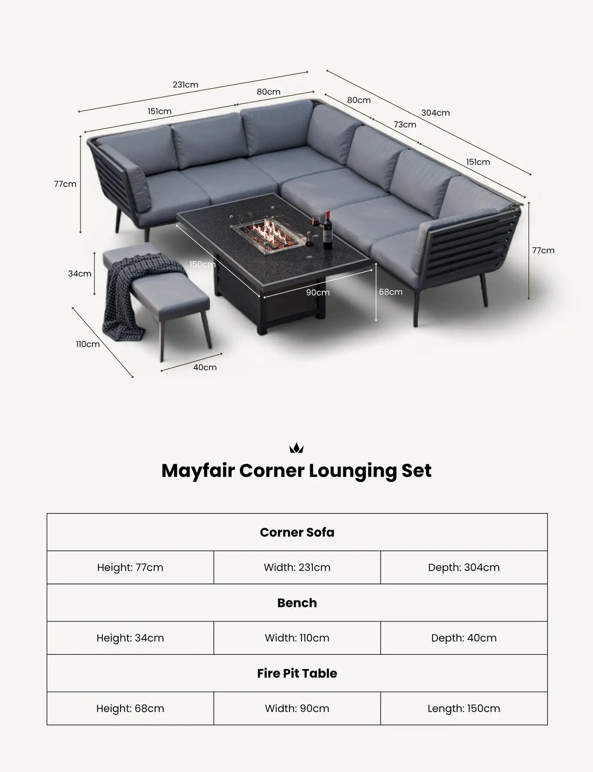 Royalcraft Outdoor Furniture Mayfair Corner Lounging Set with Fire Pit Table and 1 Bench House of Isabella UK