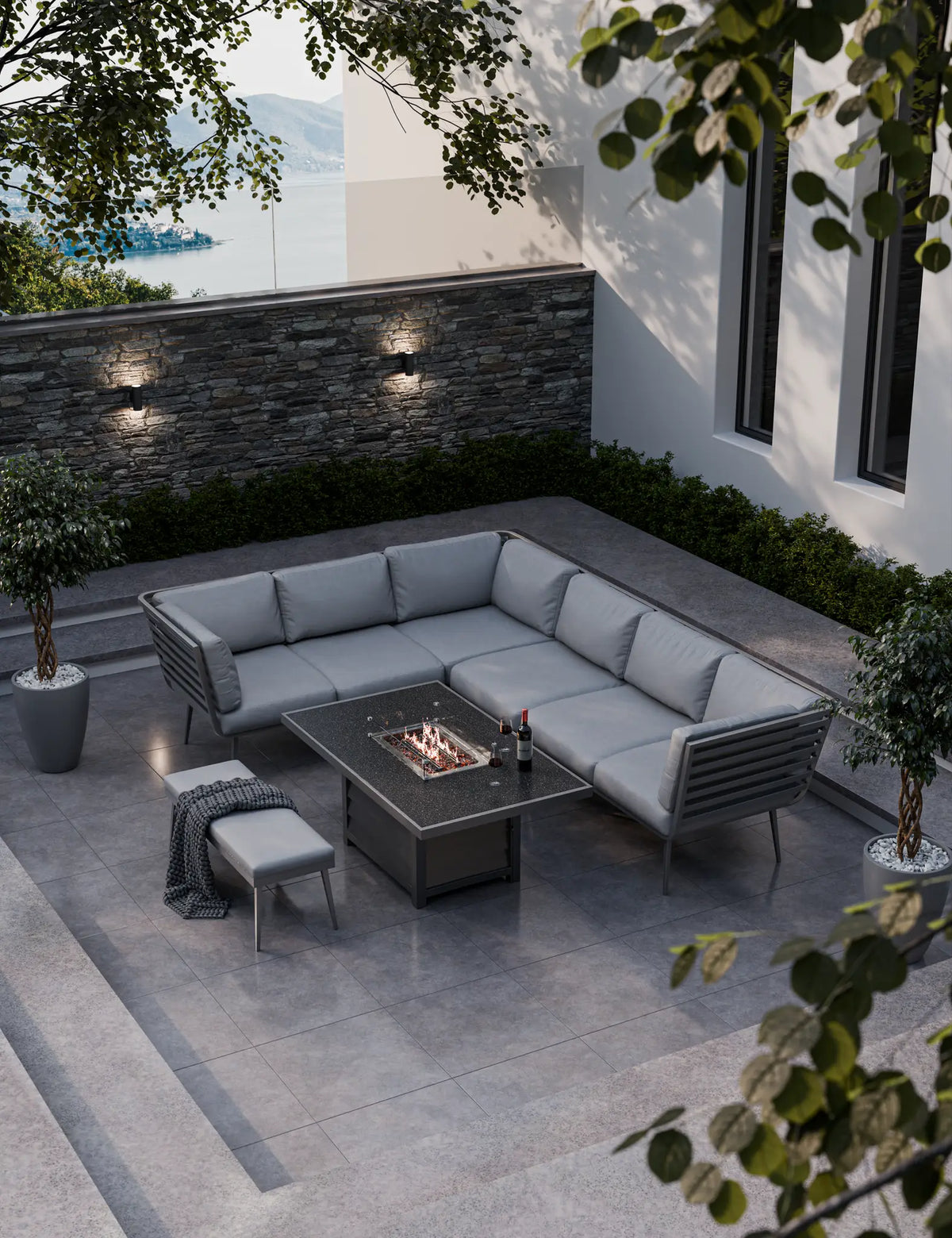 Royalcraft Outdoor Furniture Mayfair Corner Lounging Set with Fire Pit Table and 1 Bench House of Isabella UK