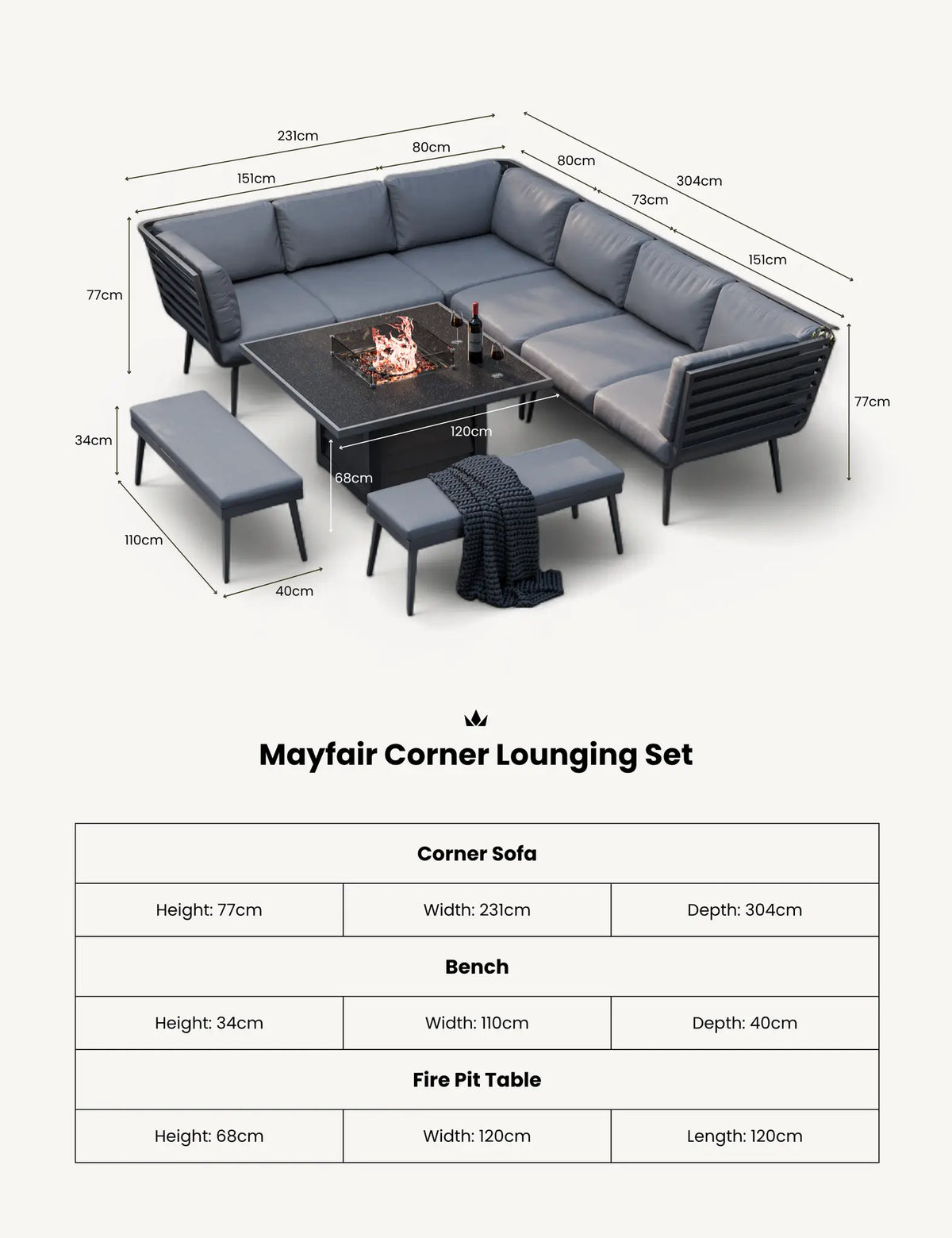 Royalcraft Outdoor Furniture Mayfair Corner Lounging Set with Fire Pit Table and 2 Benches House of Isabella UK