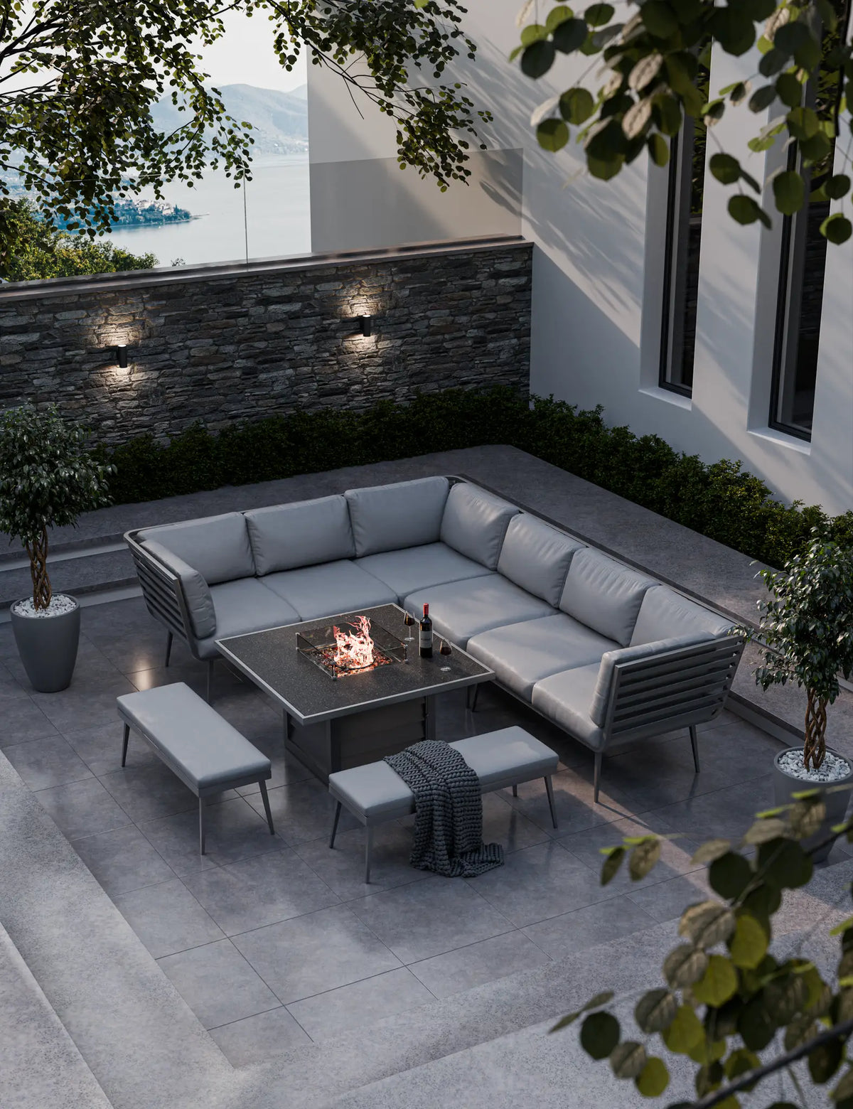 Royalcraft Outdoor Furniture Mayfair Corner Lounging Set with Fire Pit Table and 2 Benches House of Isabella UK