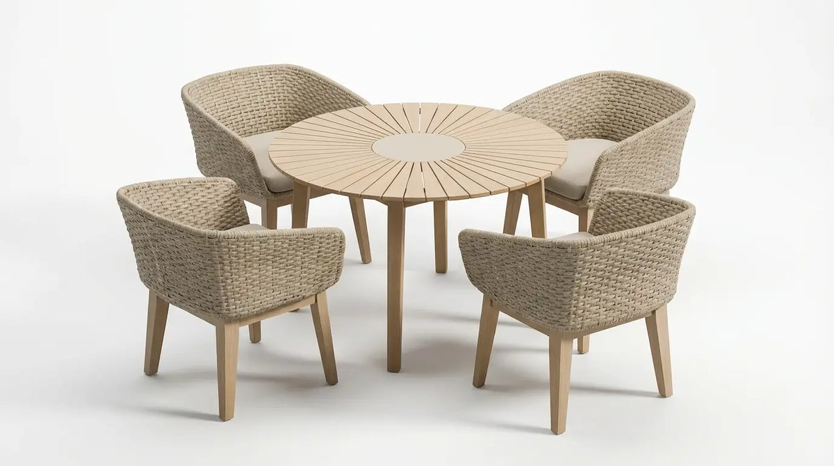 Royalcraft Outdoor Furniture Roma 4 Seater Round Sunray with Terrazzo Insert Dining Set with Eden Dawn Chairs House of Isabella UK