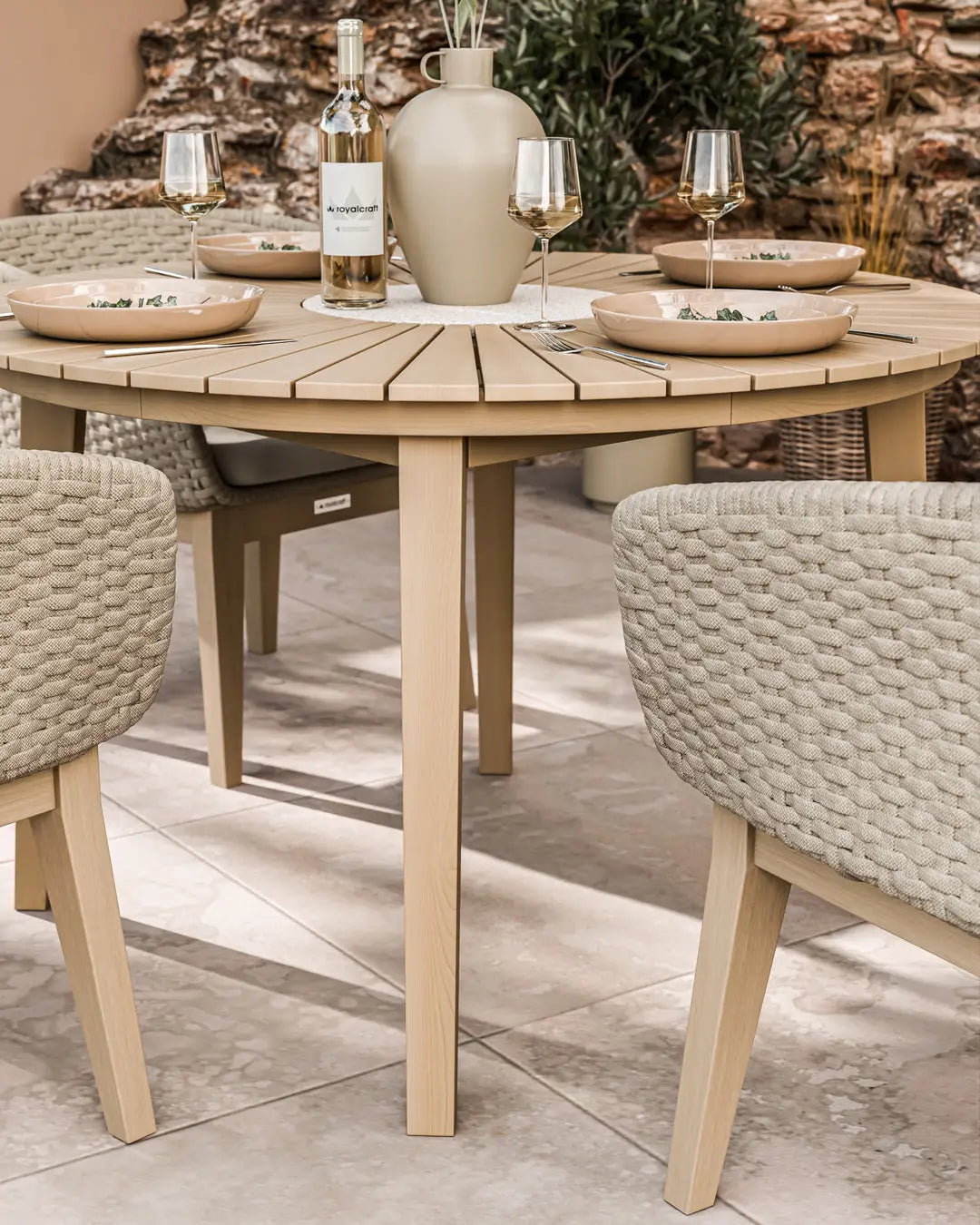 Royalcraft Outdoor Furniture Roma 4 Seater Round Sunray with Terrazzo Insert Dining Set with Eden Dawn Chairs House of Isabella UK