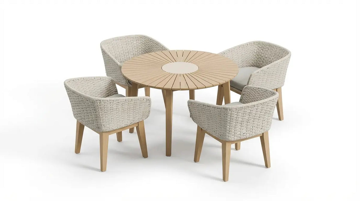 Royalcraft Outdoor Furniture Roma 4 Seater Round Sunray with Terrazzo Insert Dining Set with Eden Dusk Chairs House of Isabella UK