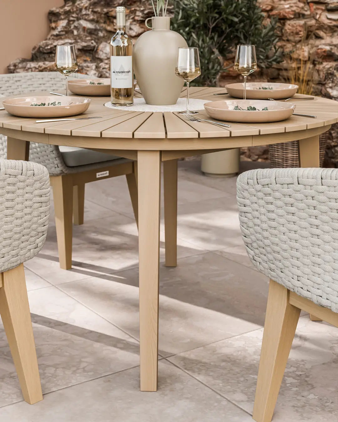Royalcraft Outdoor Furniture Roma 4 Seater Round Sunray with Terrazzo Insert Dining Set with Eden Dusk Chairs House of Isabella UK