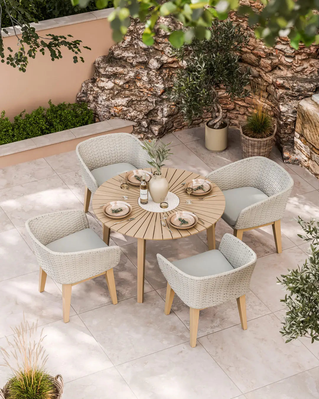 Royalcraft Outdoor Furniture Roma 4 Seater Round Sunray with Terrazzo Insert Dining Set with Eden Dusk Chairs House of Isabella UK