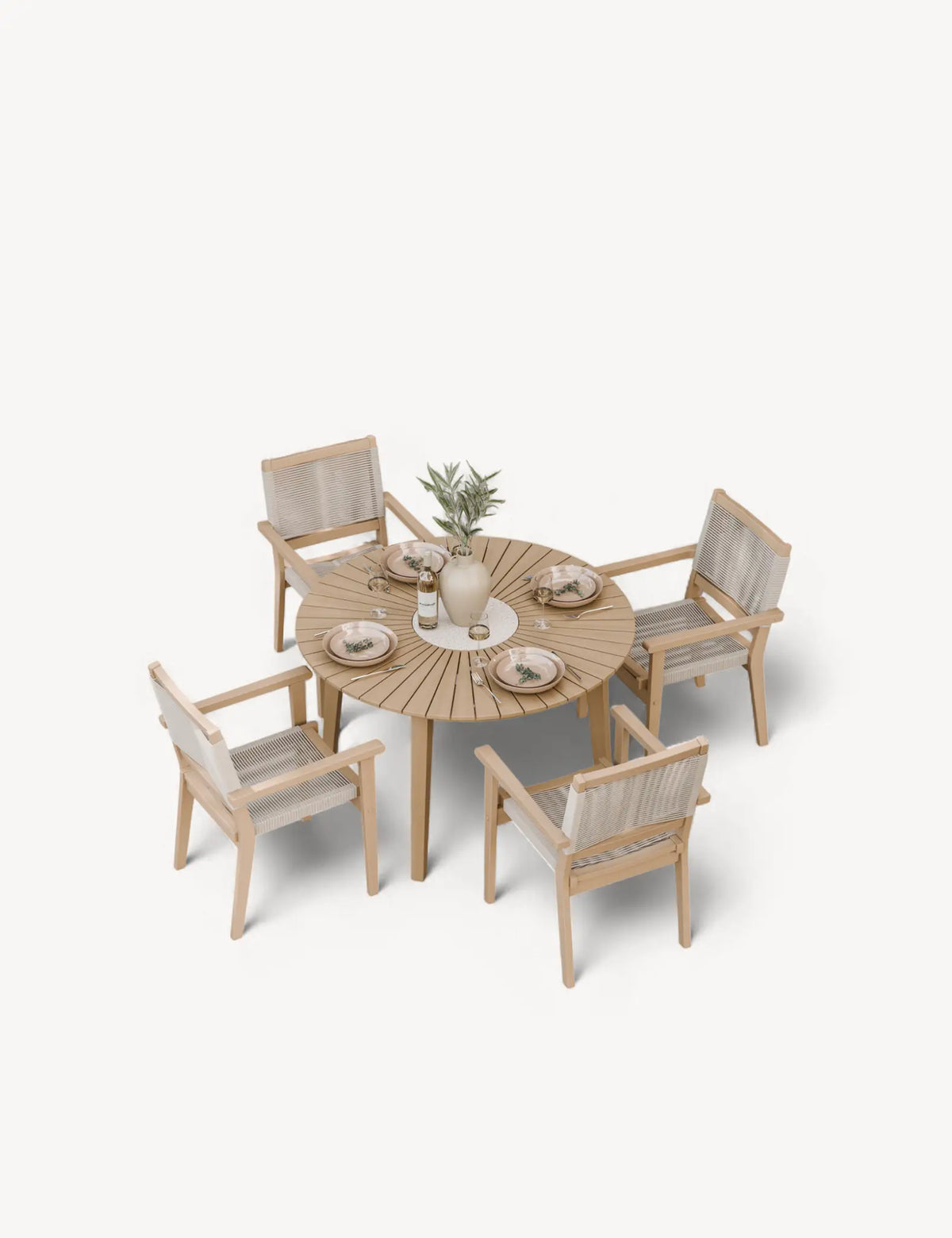 Royalcraft Outdoor Furniture Roma 4 Seater Round Sunray with Terrazzo Insert Dining Set with Roma Rope Stacking Chairs House of Isabella UK