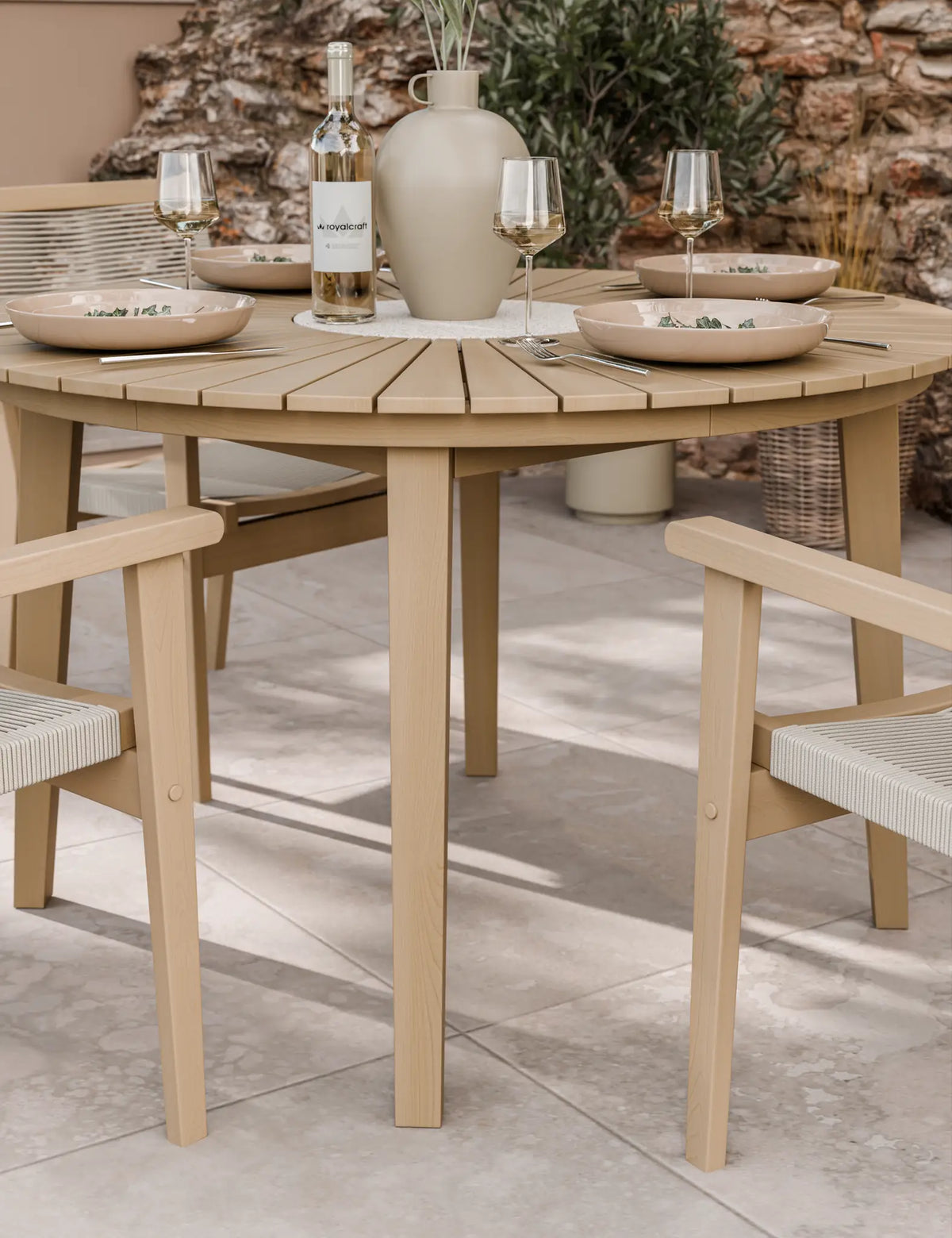 Royalcraft Outdoor Furniture Roma 4 Seater Round Sunray with Terrazzo Insert Dining Set with Roma Rope Stacking Chairs House of Isabella UK