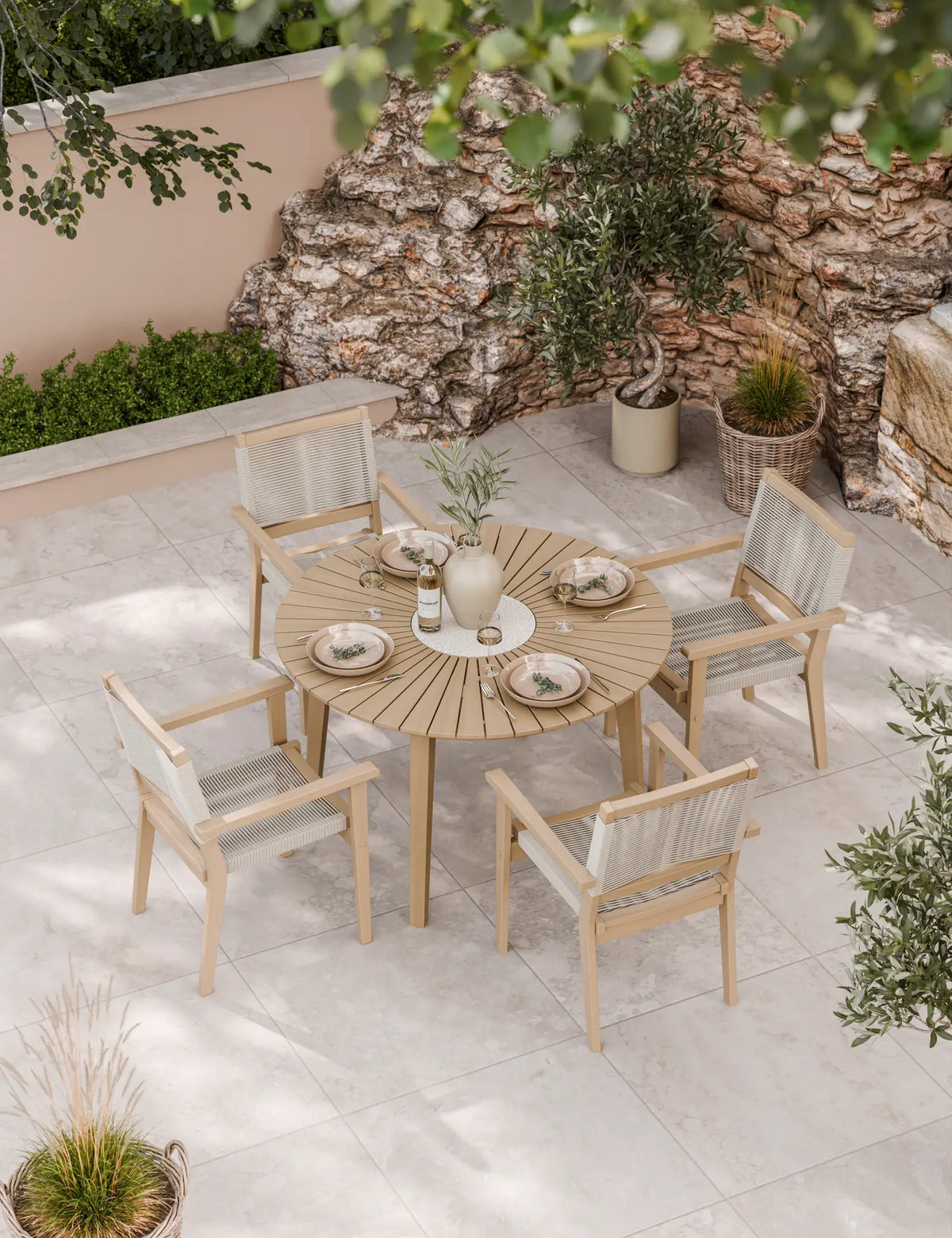 Royalcraft Outdoor Furniture Roma 4 Seater Round Sunray with Terrazzo Insert Dining Set with Roma Rope Stacking Chairs House of Isabella UK