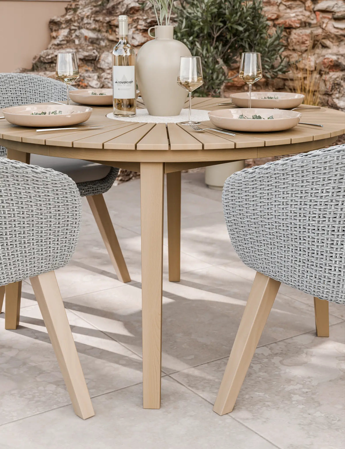Royalcraft Outdoor Furniture Roma 4 Seater Round Sunray with Terrazzo Insert Dining Set with Sol Dining Chairs House of Isabella UK