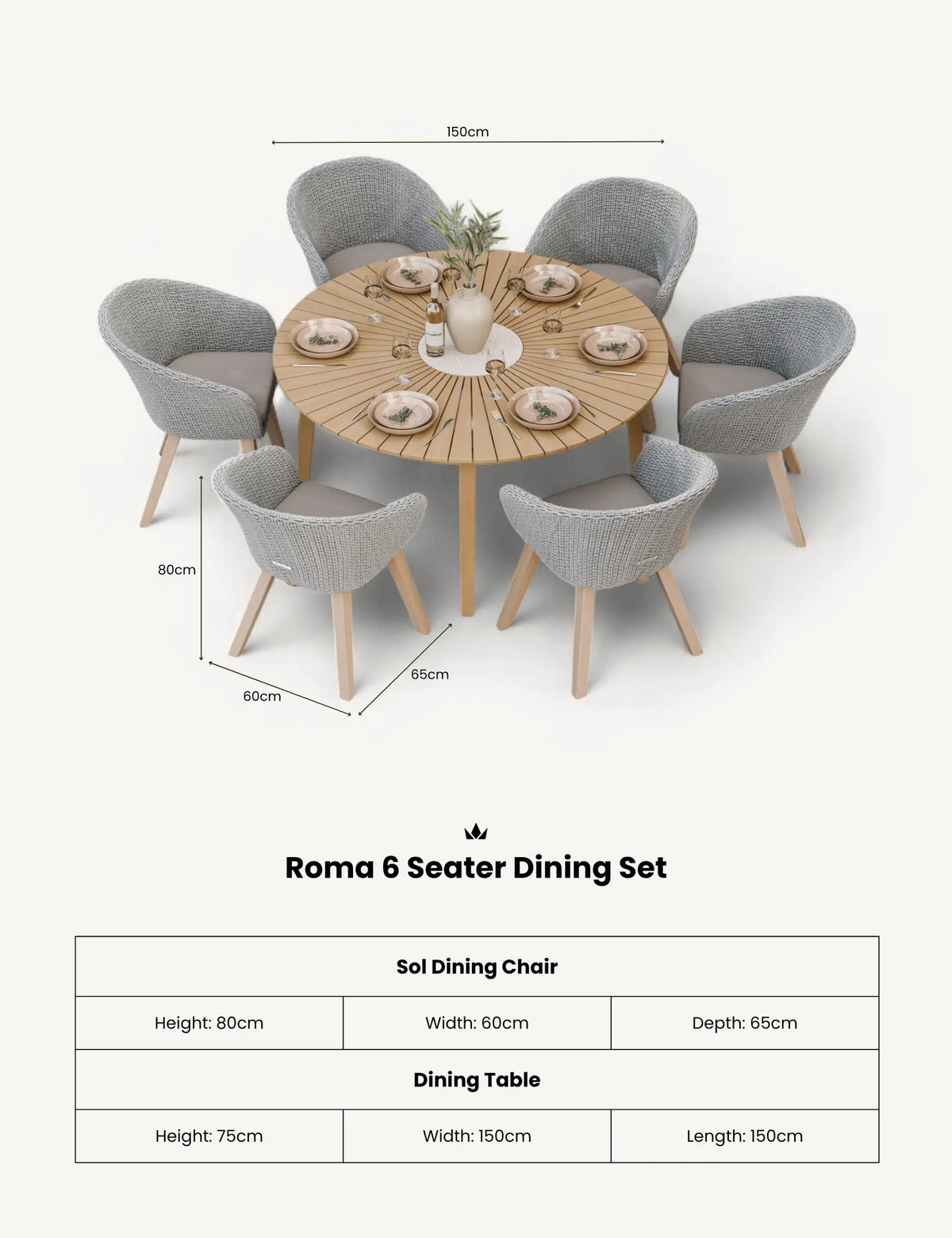 Royalcraft Outdoor Furniture Roma 6 Seater 150cm Round Sunray with Terrazzo Insert Dining Set with 6 Sol Dining Chairs House of Isabella UK