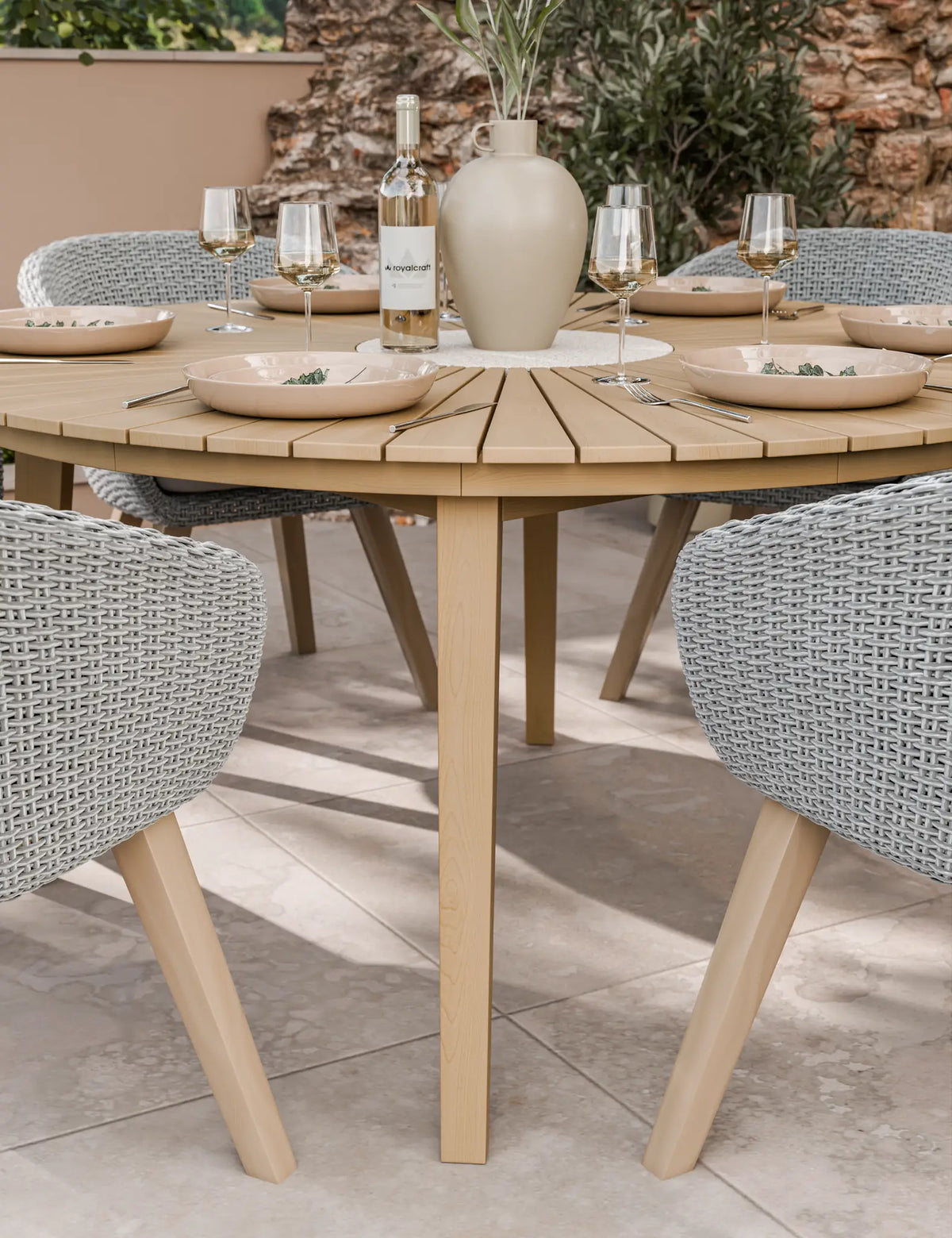 Royalcraft Outdoor Furniture Roma 6 Seater 150cm Round Sunray with Terrazzo Insert Dining Set with 6 Sol Dining Chairs House of Isabella UK