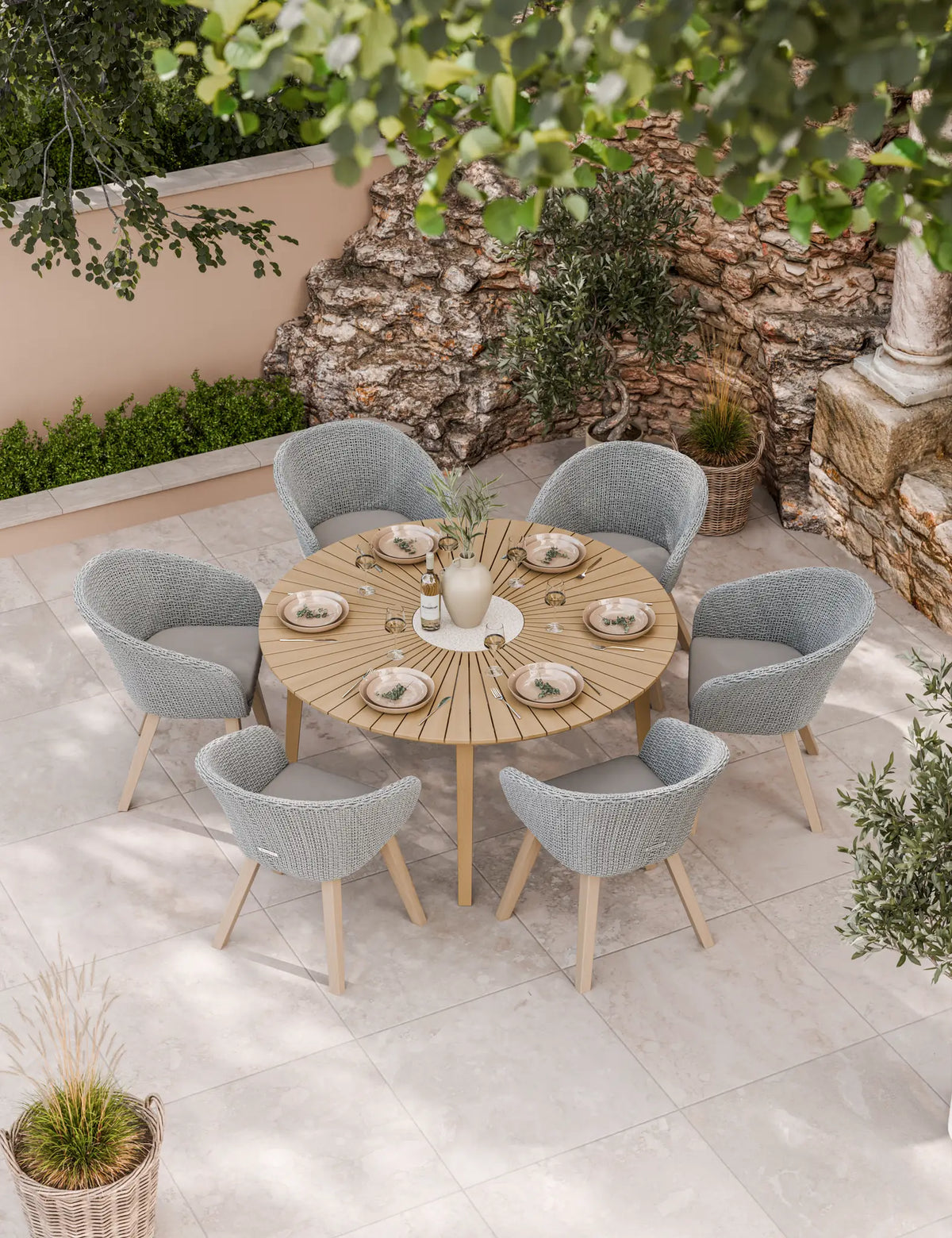 Royalcraft Outdoor Furniture Roma 6 Seater 150cm Round Sunray with Terrazzo Insert Dining Set with 6 Sol Dining Chairs House of Isabella UK