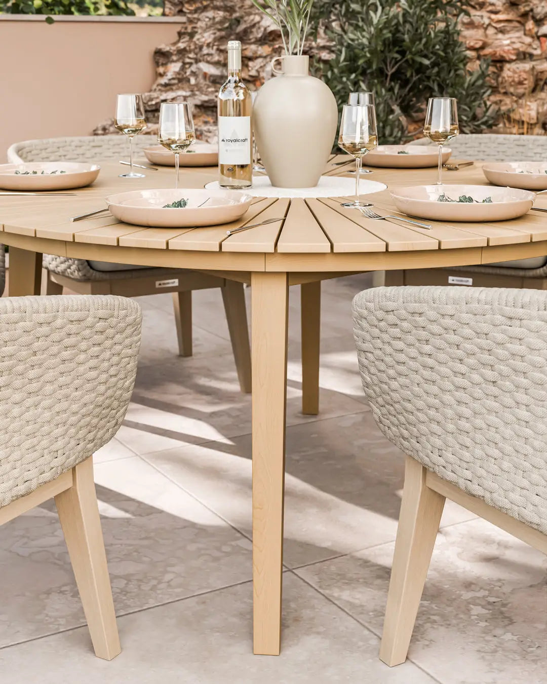 Royalcraft Outdoor Furniture Roma 6 Seater Round Sunray with Terrazzo Insert Dining Set with Eden Dawn Chairs House of Isabella UK