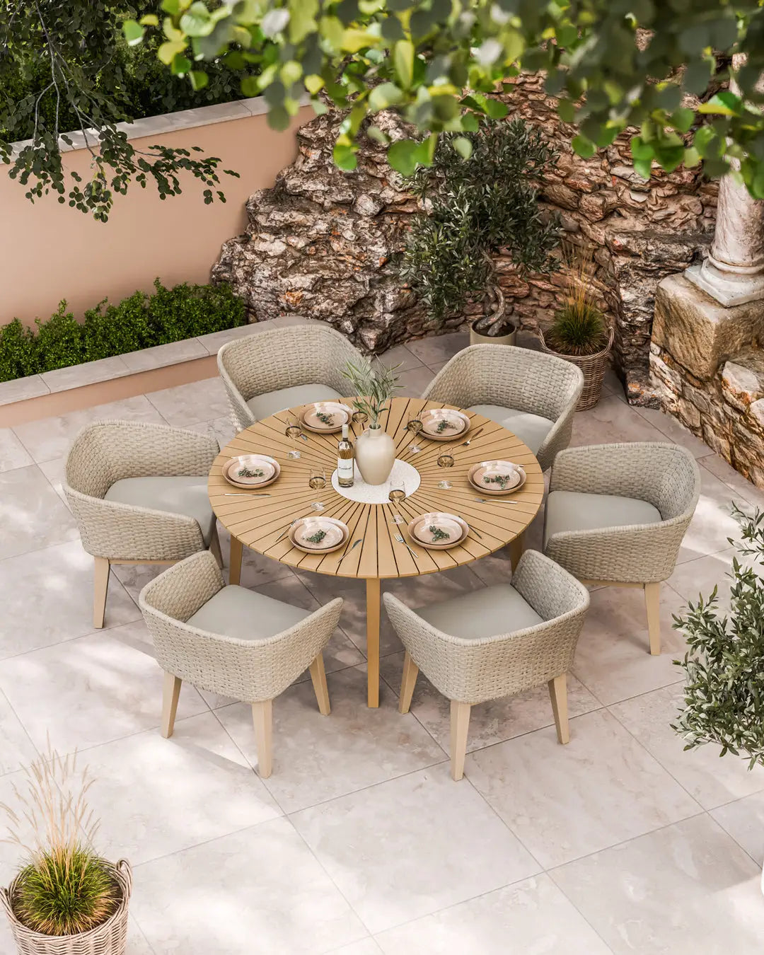 Royalcraft Outdoor Furniture Roma 6 Seater Round Sunray with Terrazzo Insert Dining Set with Eden Dawn Chairs House of Isabella UK
