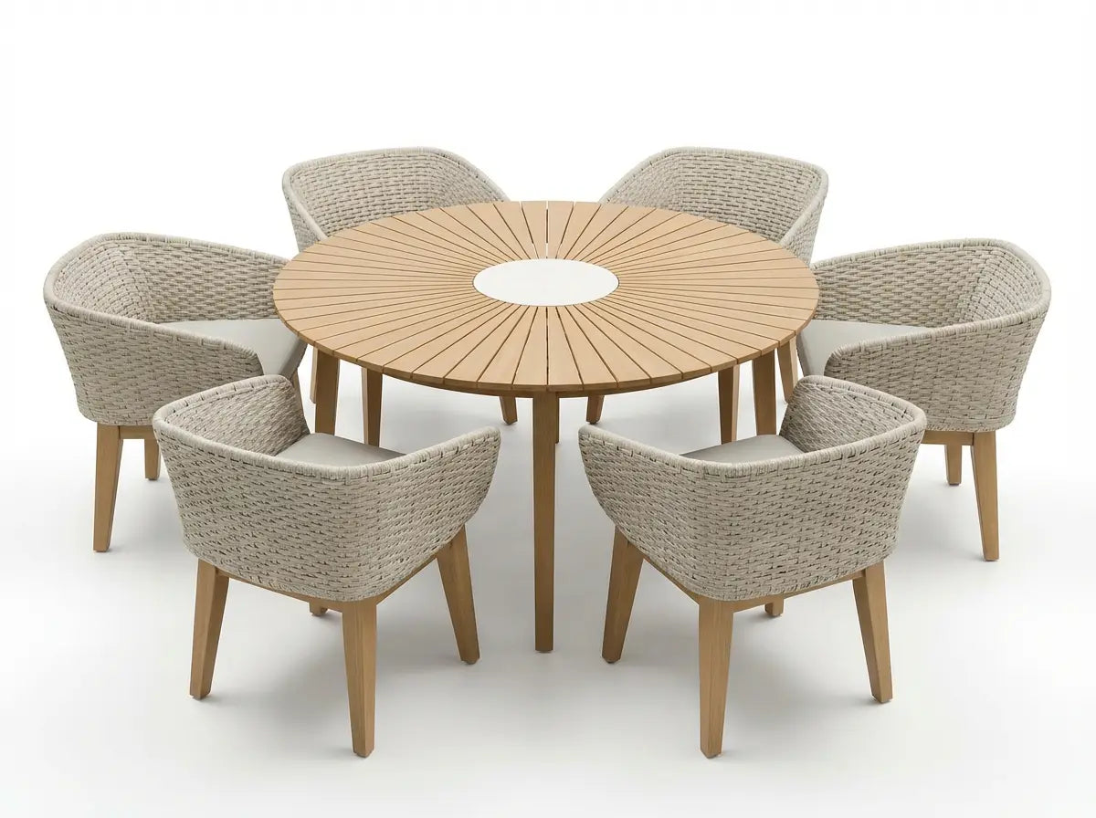 Royalcraft Outdoor Furniture Roma 6 Seater Round Sunray with Terrazzo Insert Dining Set with Eden Dusk Chairs House of Isabella UK