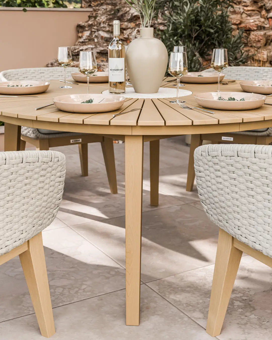 Royalcraft Outdoor Furniture Roma 6 Seater Round Sunray with Terrazzo Insert Dining Set with Eden Dusk Chairs House of Isabella UK