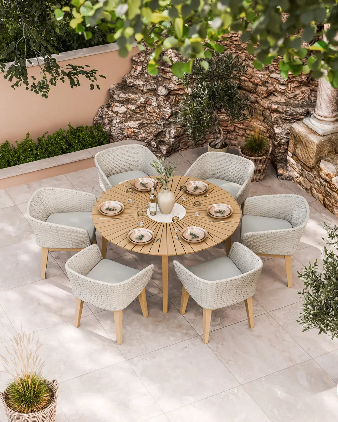 Royalcraft Outdoor Furniture Roma 6 Seater Round Sunray with Terrazzo Insert Dining Set with Eden Dusk Chairs House of Isabella UK