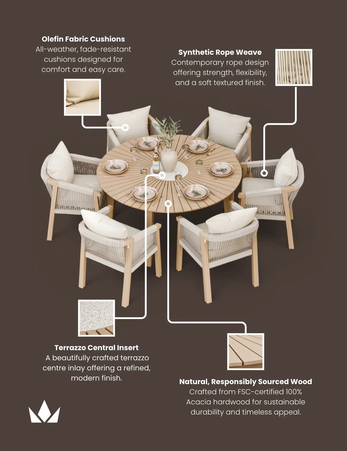 Royalcraft Outdoor Furniture Roma 6 Seater Round Sunray with Terrazzo Insert Dining Set with Roma Dining Chairs House of Isabella UK