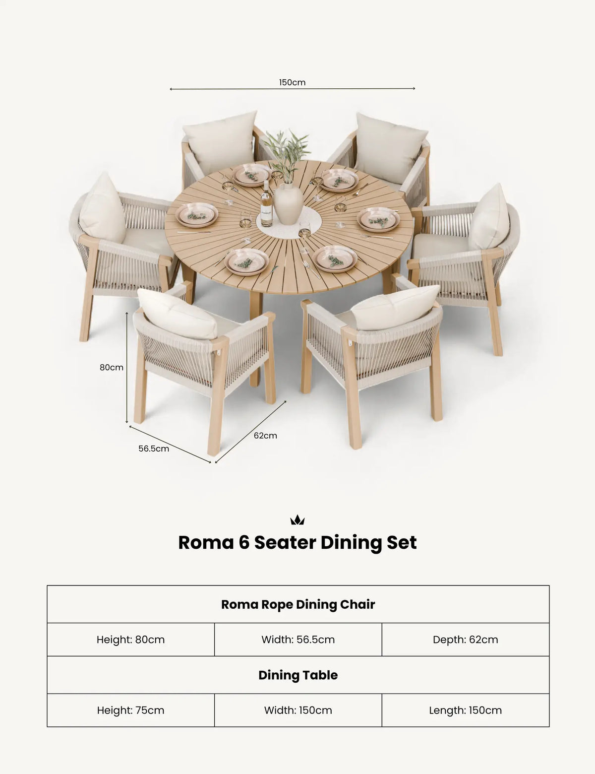 Royalcraft Outdoor Furniture Roma 6 Seater Round Sunray with Terrazzo Insert Dining Set with Roma Dining Chairs House of Isabella UK