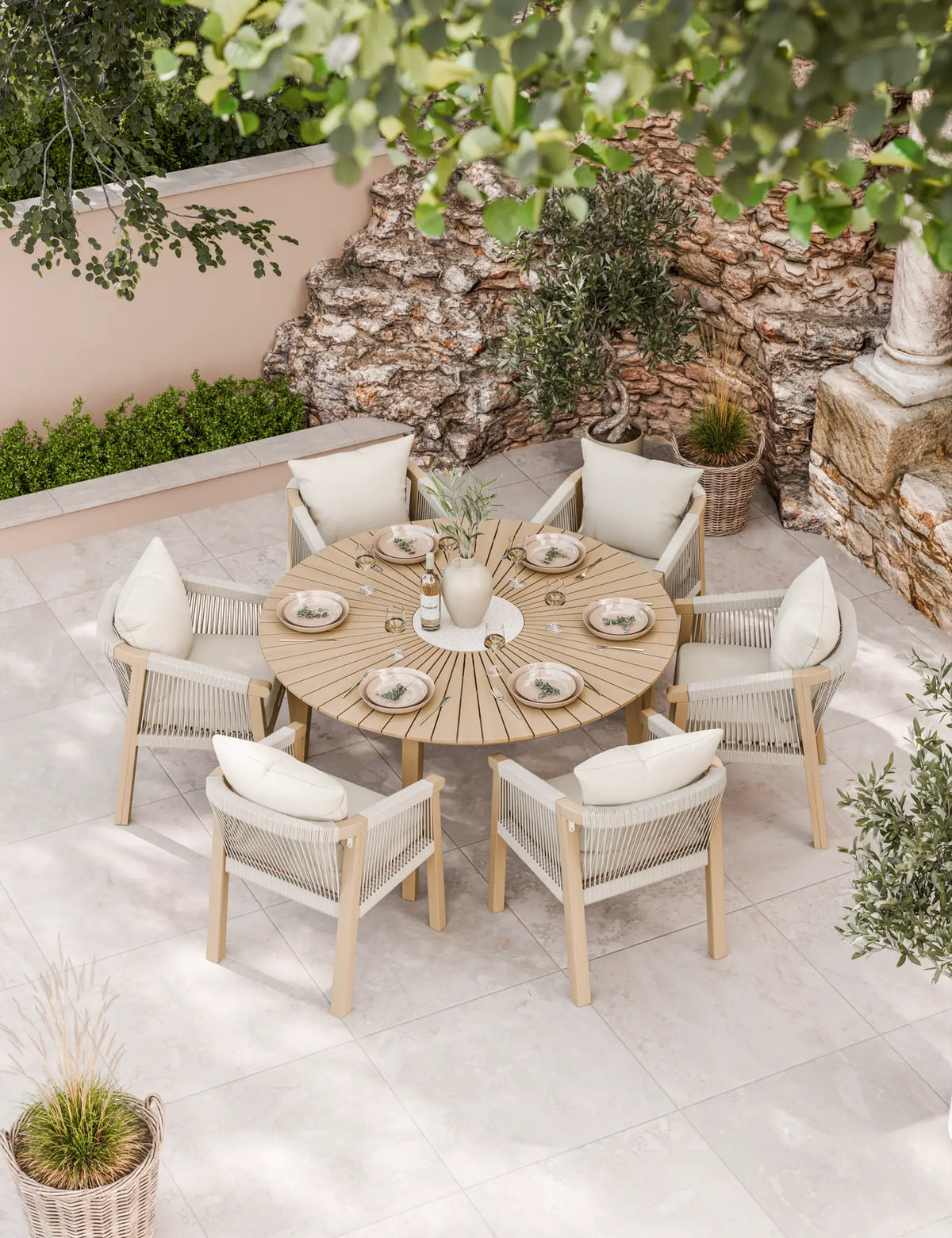 Royalcraft Outdoor Furniture Roma 6 Seater Round Sunray with Terrazzo Insert Dining Set with Roma Dining Chairs House of Isabella UK