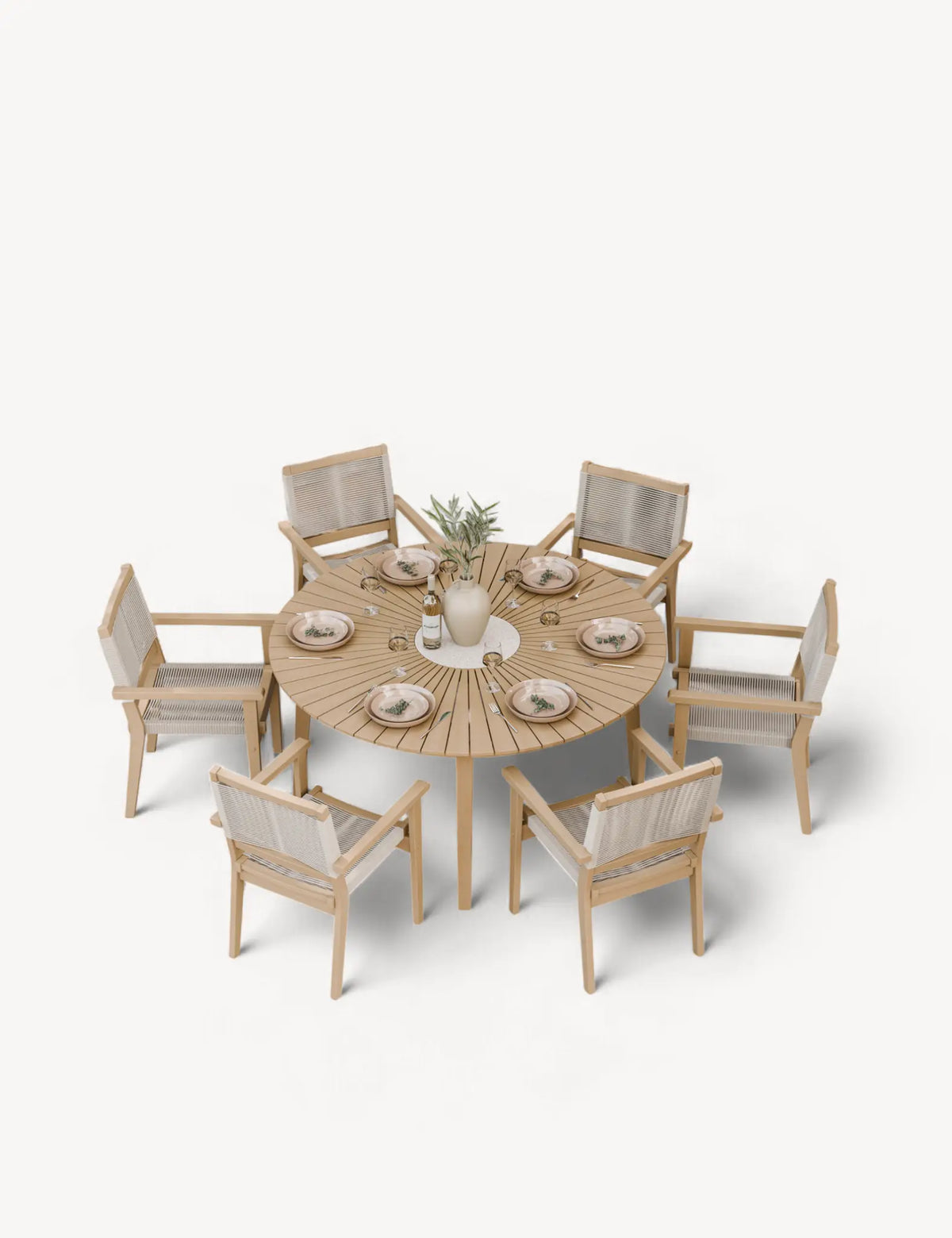 Royalcraft Outdoor Furniture Roma 6 Seater Round Sunray with Terrazzo Insert Dining Set with Roma Rope Stacking Chairs House of Isabella UK