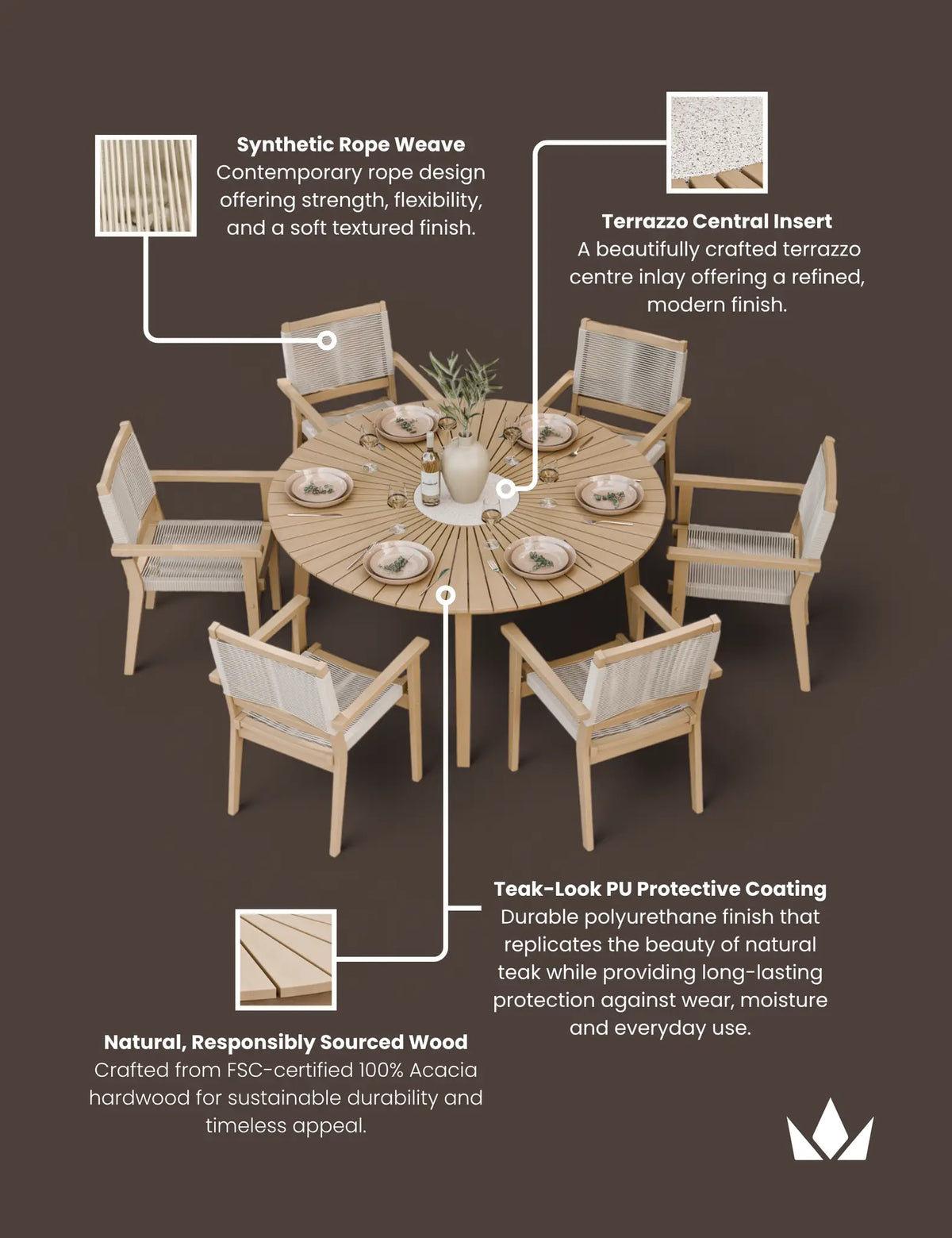 Royalcraft Outdoor Furniture Roma 6 Seater Round Sunray with Terrazzo Insert Dining Set with Roma Rope Stacking Chairs House of Isabella UK