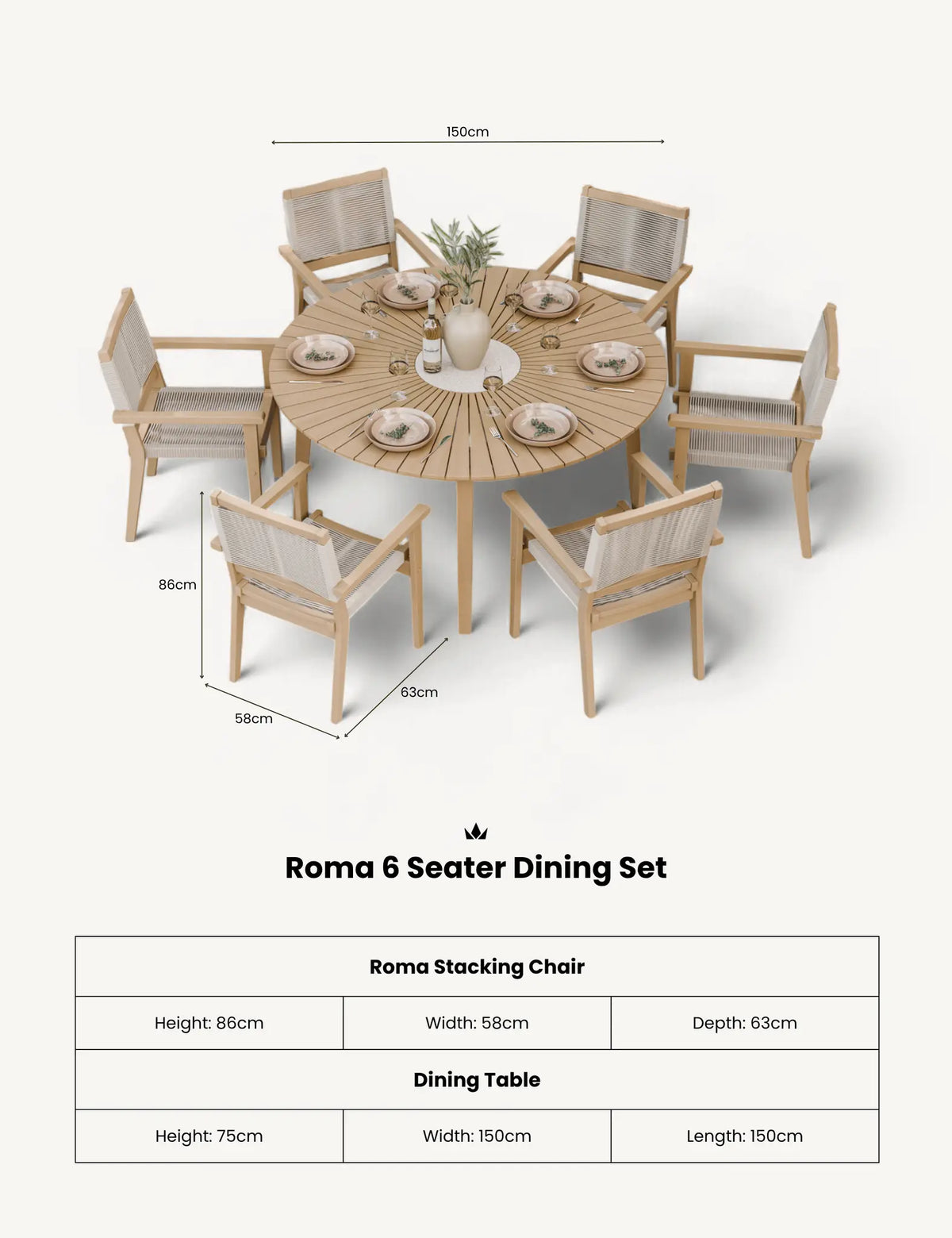 Royalcraft Outdoor Furniture Roma 6 Seater Round Sunray with Terrazzo Insert Dining Set with Roma Rope Stacking Chairs House of Isabella UK