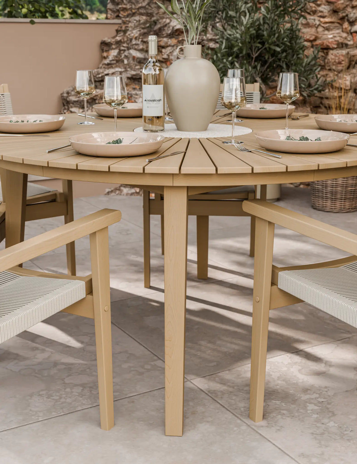 Royalcraft Outdoor Furniture Roma 6 Seater Round Sunray with Terrazzo Insert Dining Set with Roma Rope Stacking Chairs House of Isabella UK