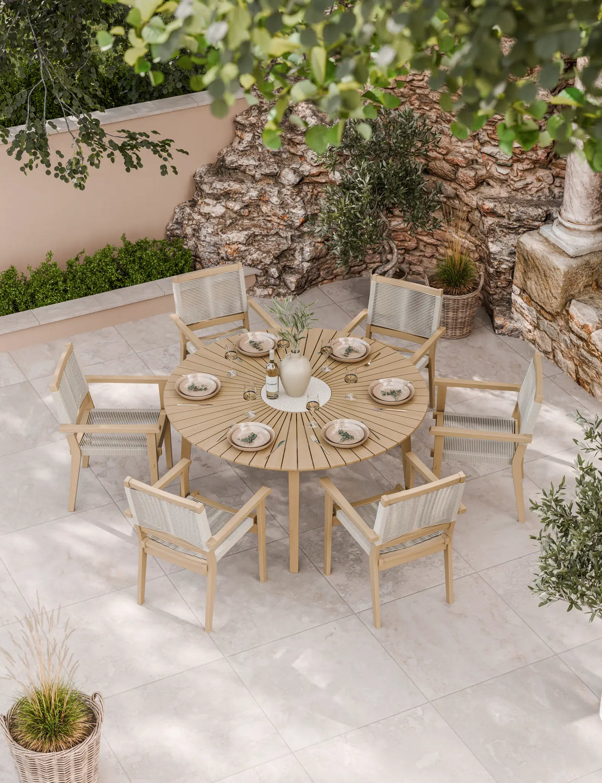 Royalcraft Outdoor Furniture Roma 6 Seater Round Sunray with Terrazzo Insert Dining Set with Roma Rope Stacking Chairs House of Isabella UK
