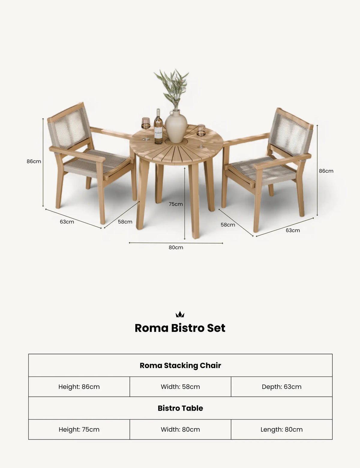 Royalcraft Outdoor Furniture Roma 80cm Round Sunray Bistro Set with Roma Rope Stacking Chairs House of Isabella UK
