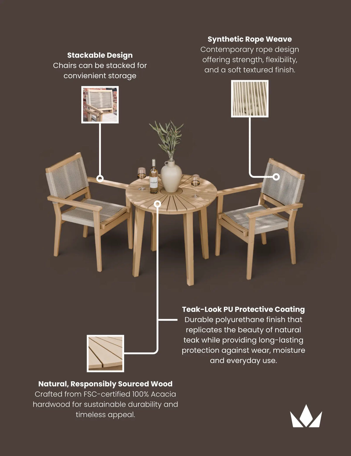Royalcraft Outdoor Furniture Roma 80cm Round Sunray Bistro Set with Roma Rope Stacking Chairs House of Isabella UK