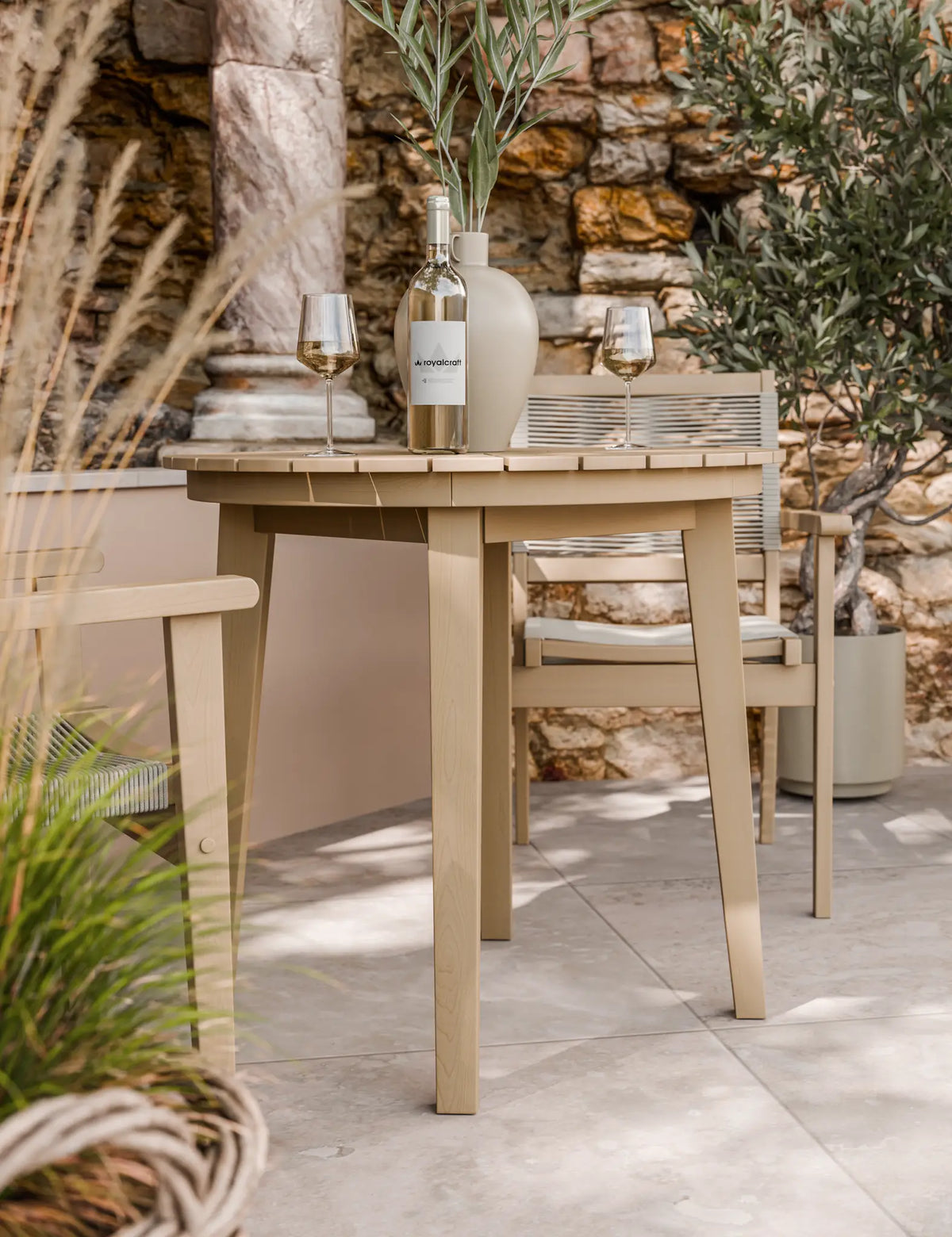 Royalcraft Outdoor Furniture Roma 80cm Round Sunray Bistro Set with Roma Rope Stacking Chairs House of Isabella UK