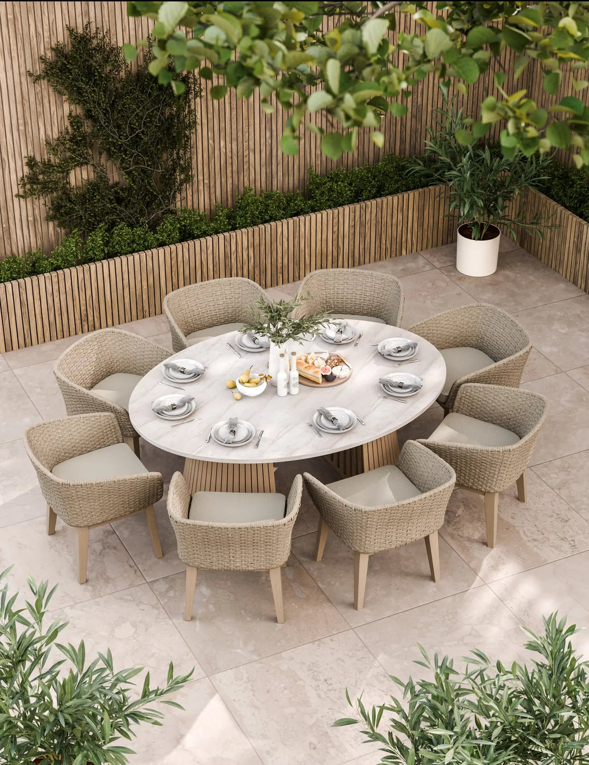 Royalcraft Outdoor Furniture Saturn 8 Seater Ellipse D Conical Dining Set with Eden Dawn Dining Chairs House of Isabella UK