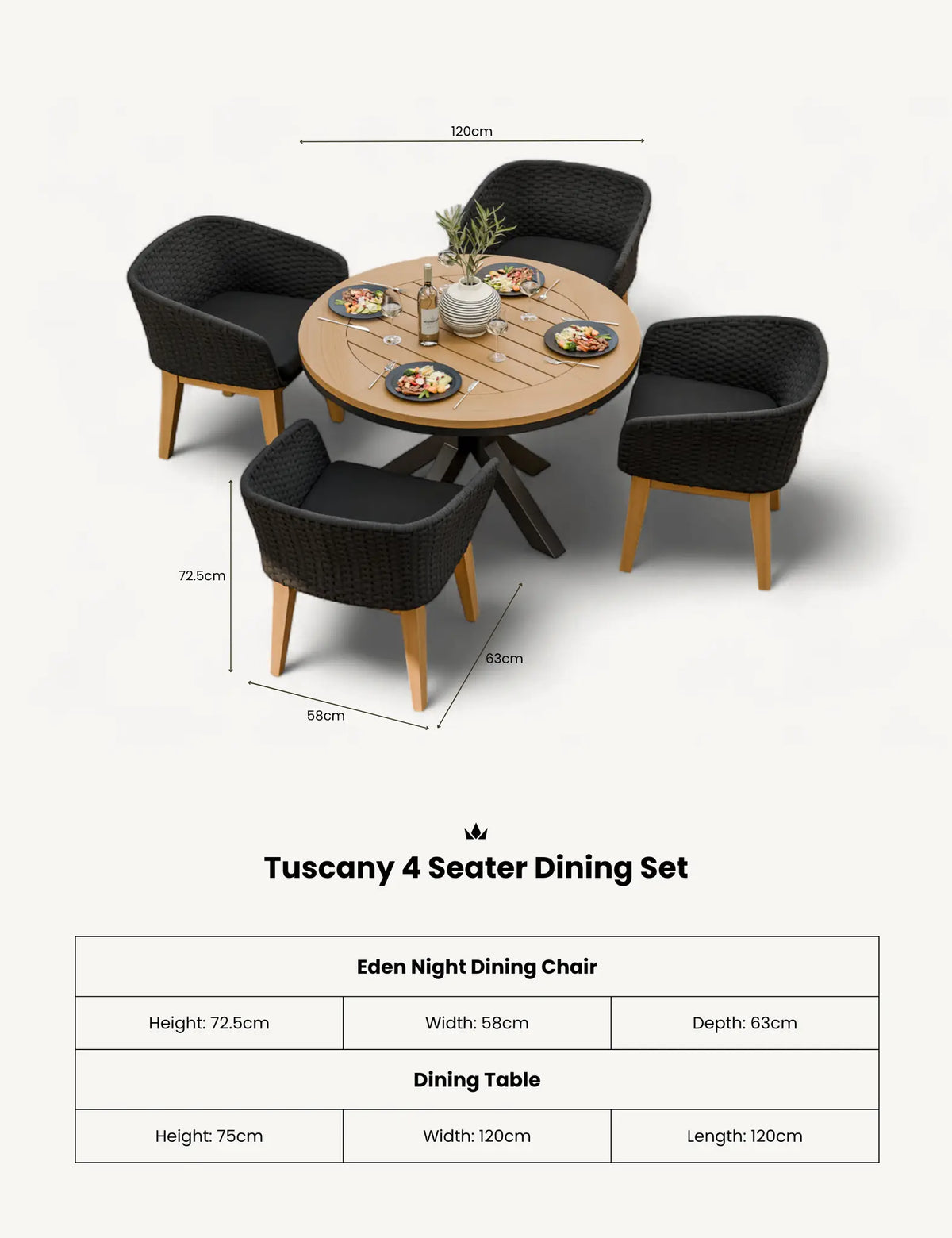 Royalcraft Outdoor Furniture Tuscany 4 Seater Round Dining Set with Eden Night Dining Chairs House of Isabella UK