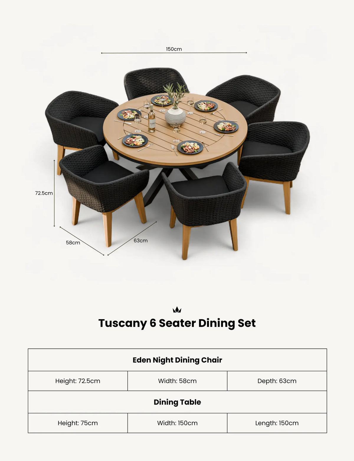 Royalcraft Outdoor Furniture Tuscany 6 Seater Round Dining Set with Eden Night Dining Chairs House of Isabella UK
