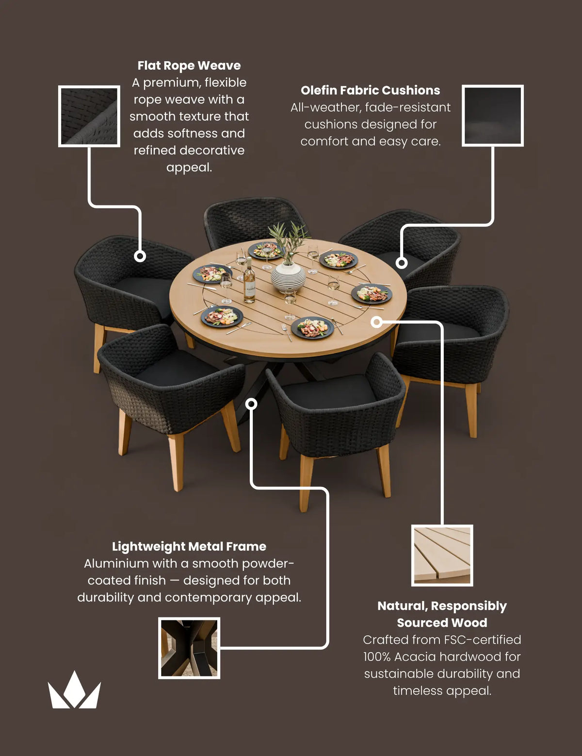 Royalcraft Outdoor Furniture Tuscany 6 Seater Round Dining Set with Eden Night Dining Chairs House of Isabella UK