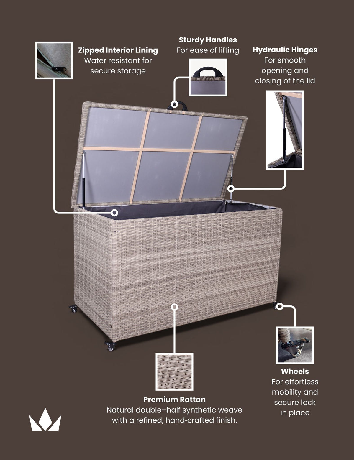 Royalcraft Outdoor Storage Box Natural Weave 510L KD Cushion Storage Box House of Isabella UK