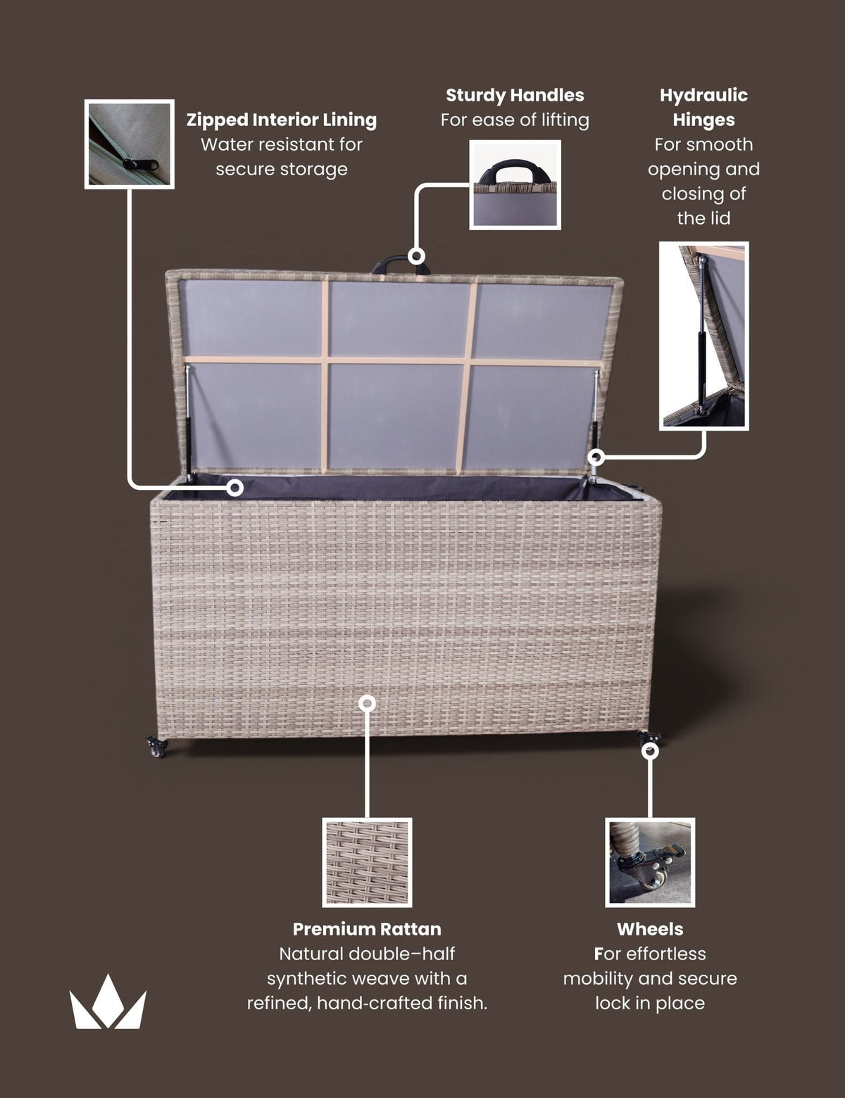 Royalcraft Outdoor Storage Box Natural Weave 645L KD Cushion Storage Box House of Isabella UK