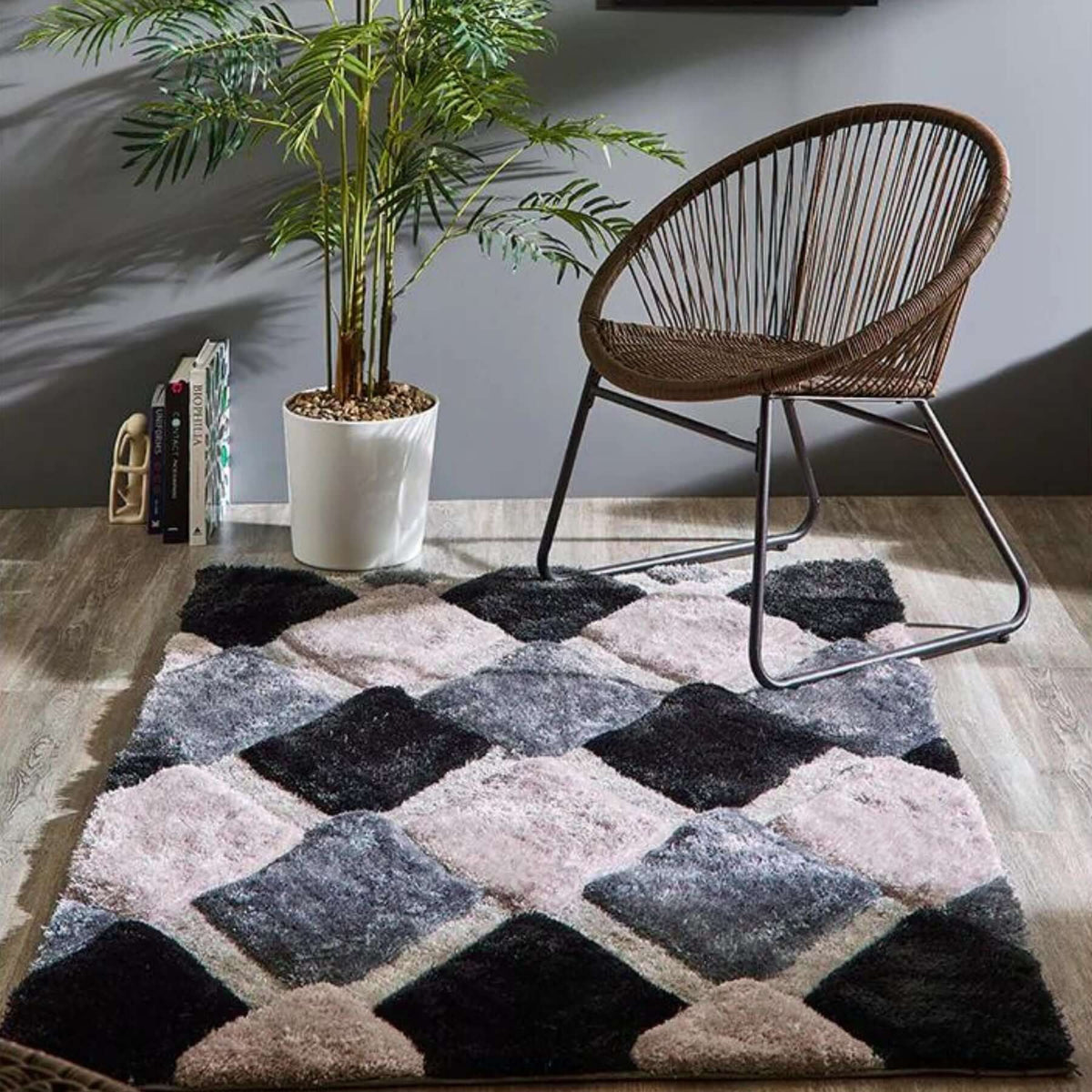 The Rugs Rugs 3D Grey Geometric Shaggy Rug House of Isabella UK