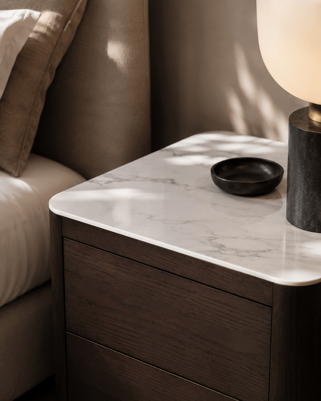 Tommy Franks Coin Bedside Table - Smoke Oak & Marble House of Isabella UK
