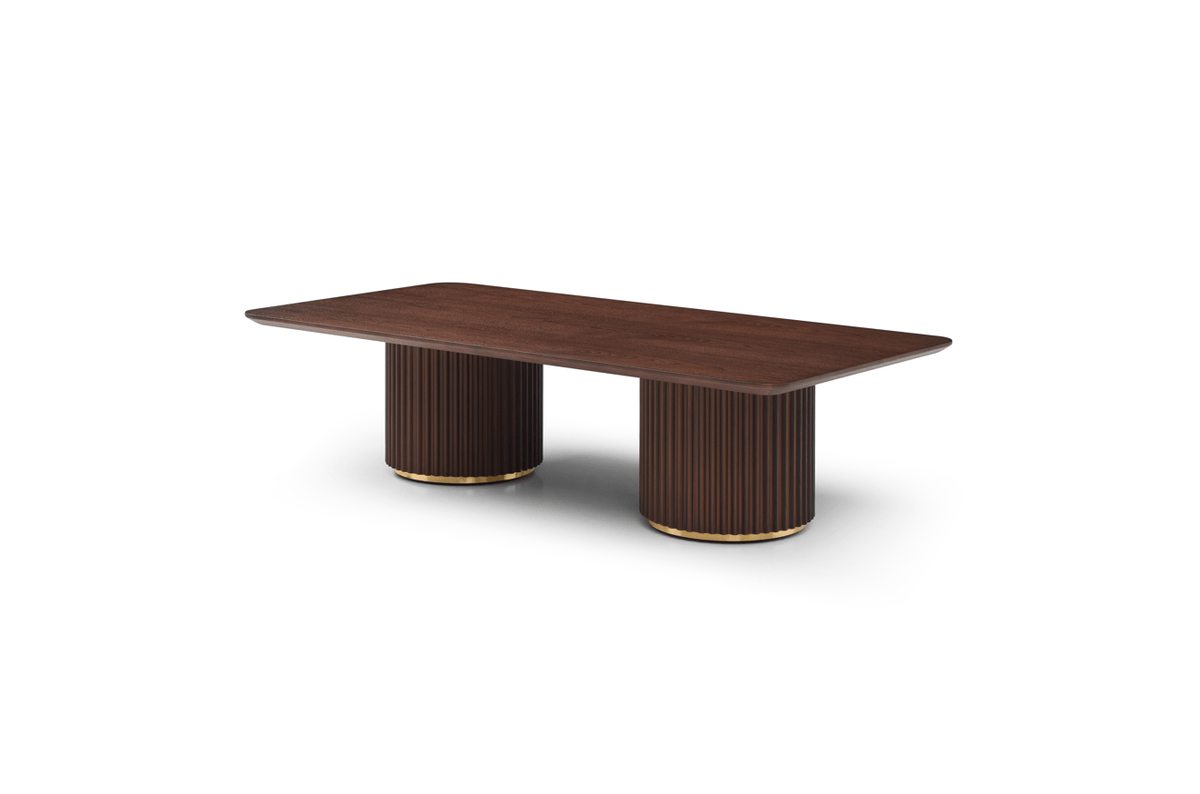 Lantine Coffee Table - Double Pedestal - Walnut & Brass.