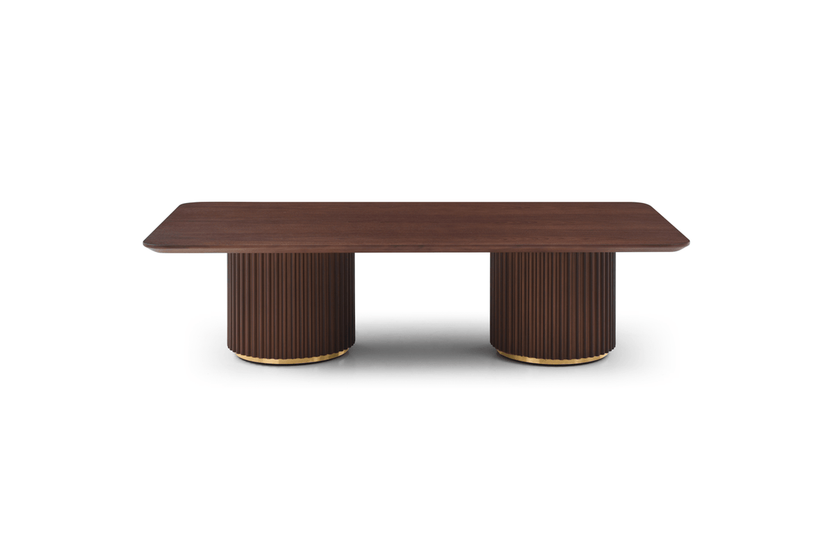 Lantine Coffee Table - Double Pedestal - Walnut & Brass.