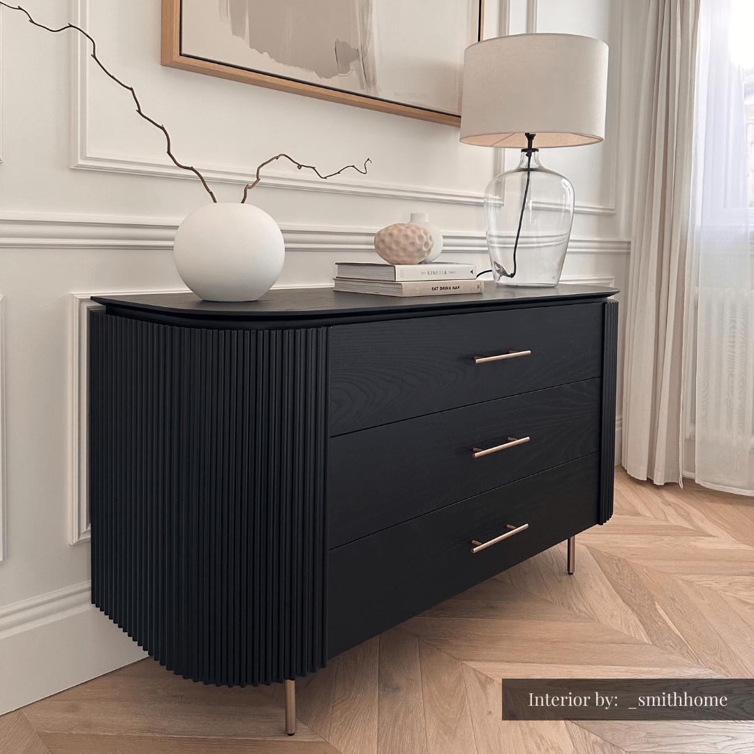 Lantine 3 Drawer Dresser - Black Oak & Brass.
