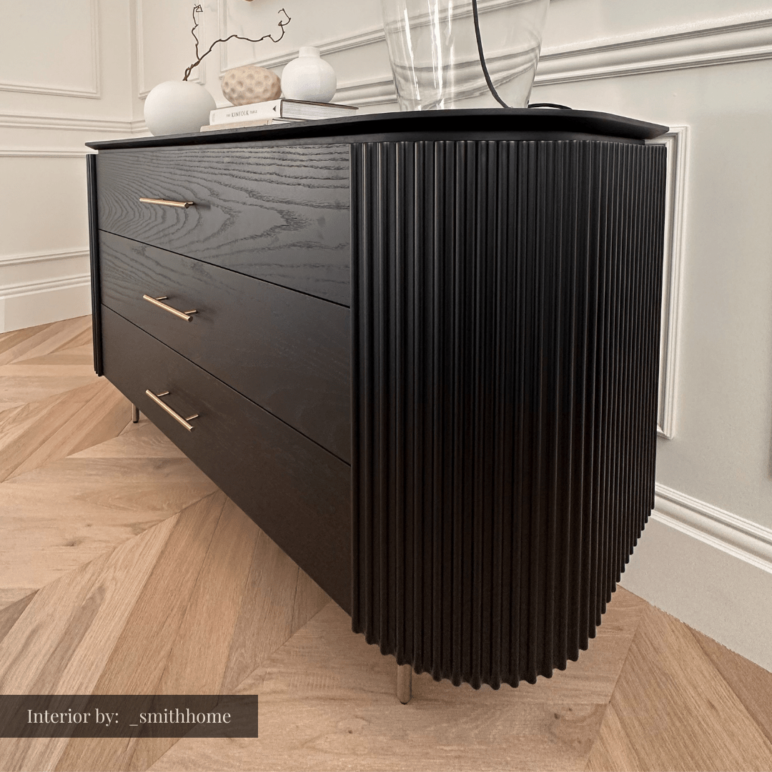 Lantine 3 Drawer Dresser - Black Oak & Brass.